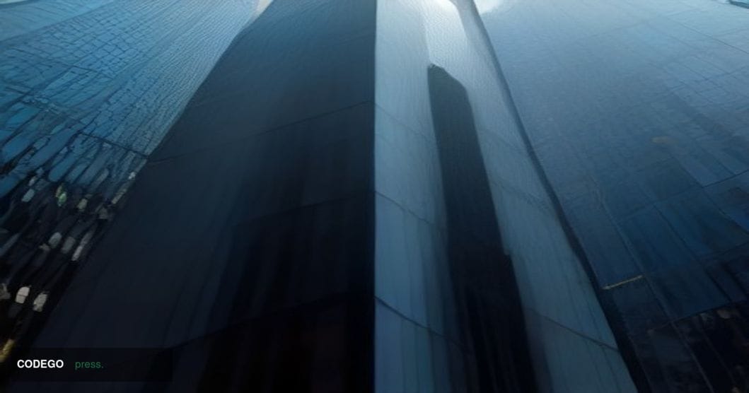 A dramatic close-up editorial photograph of the exterior glass facade of the Nasdaq MarketSite building in Times Square, New 