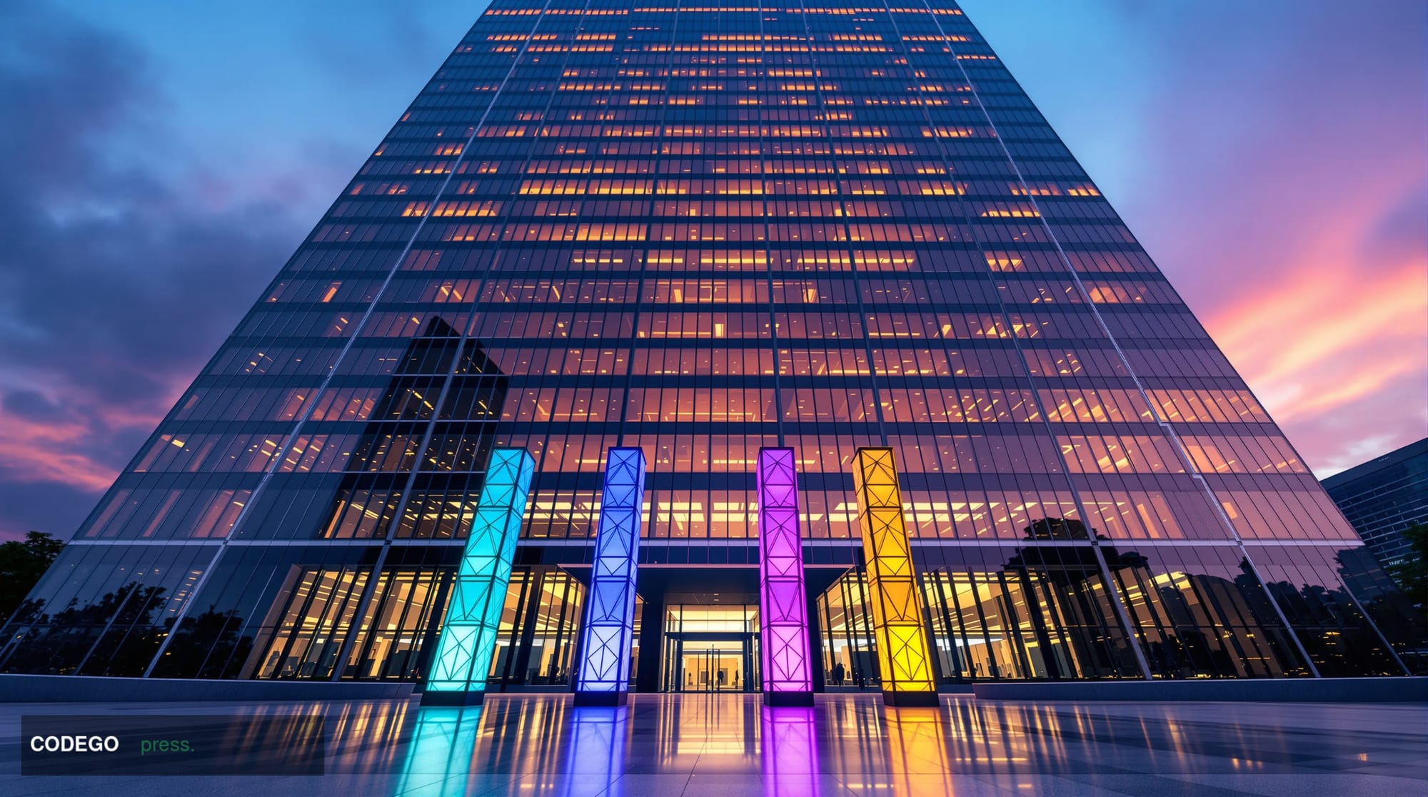 A cinematic editorial photograph of a gleaming modern financial district office tower at dusk, its all-glass façade reflectin