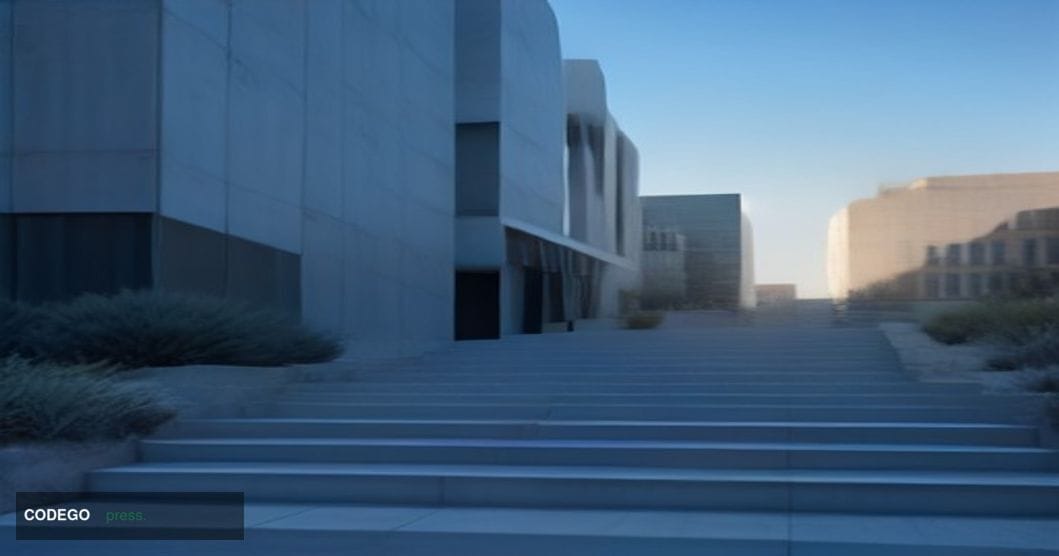 A federal courthouse exterior in the Nevada desert at dusk, its brutalist concrete and glass facade catching the last amber r