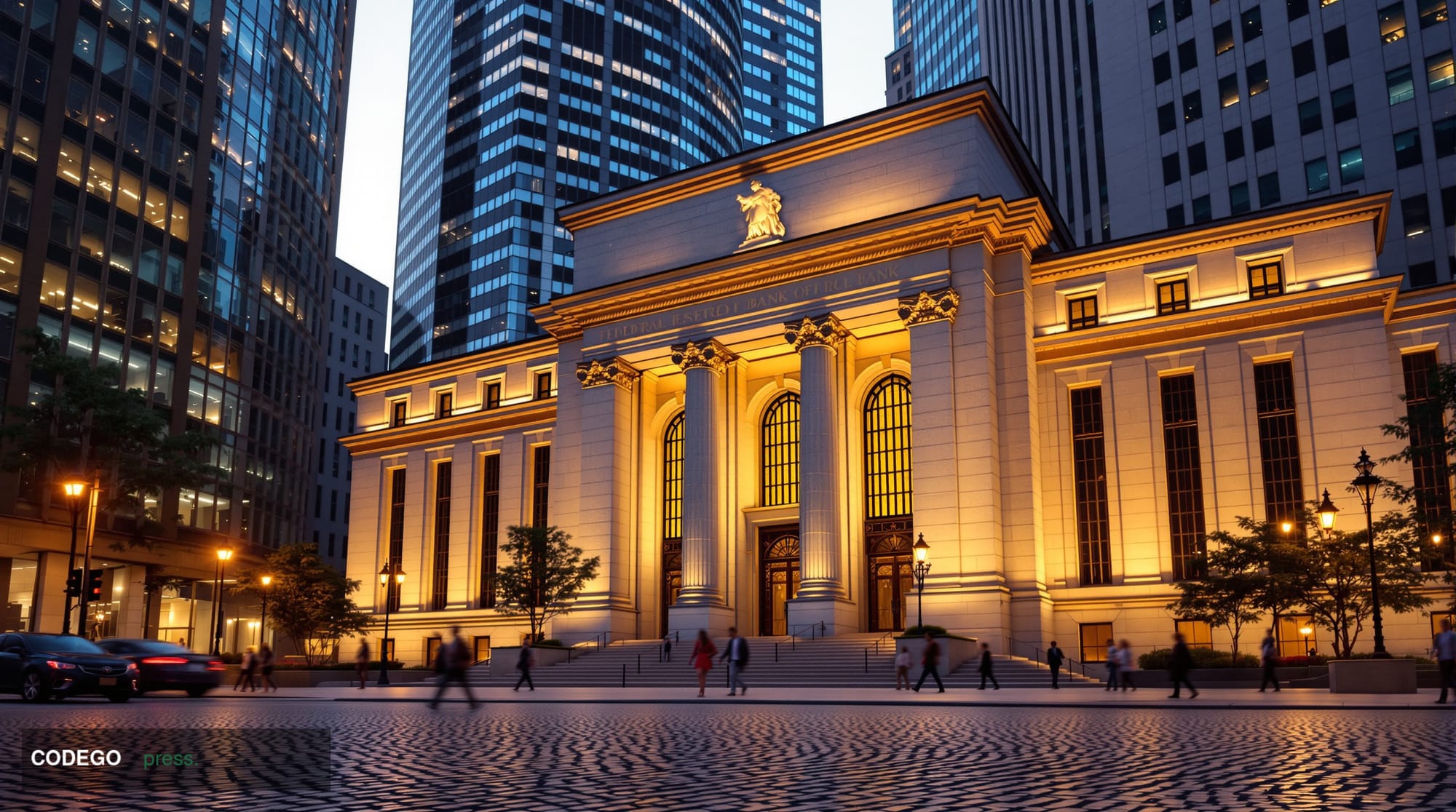 A commanding wide-angle shot of the Federal Reserve Bank of New York's imposing Florentine Renaissance limestone and sandston