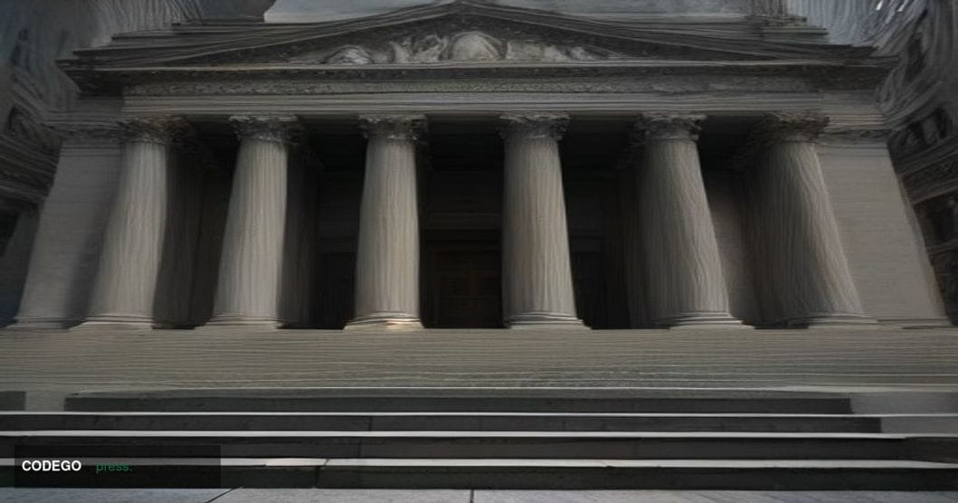 A photorealistic cinematic editorial photograph set outside the New York State Supreme Court building in Lower Manhattan, its