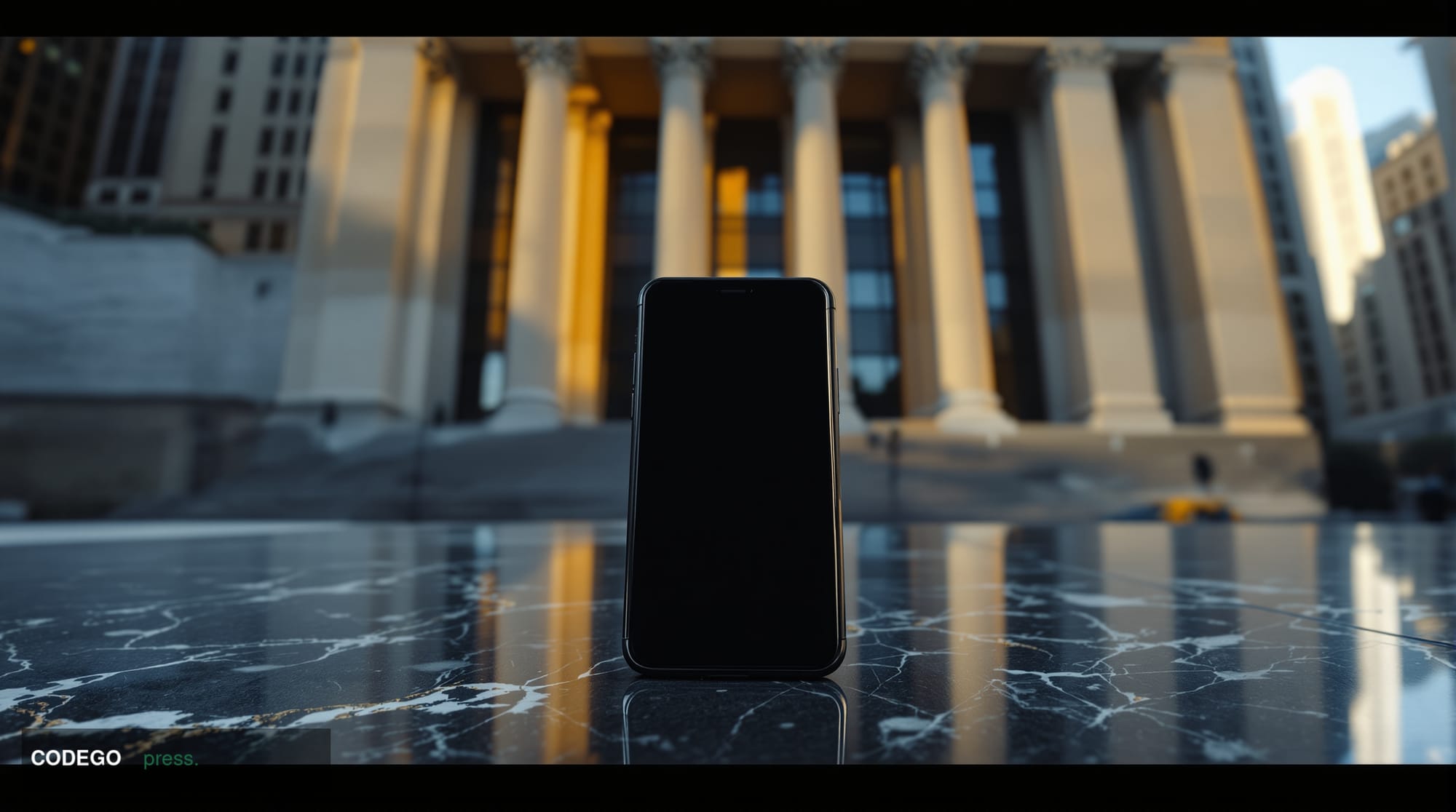 A cinematic editorial photograph shot at ground level looking up at the imposing neoclassical granite facade of a New York fi