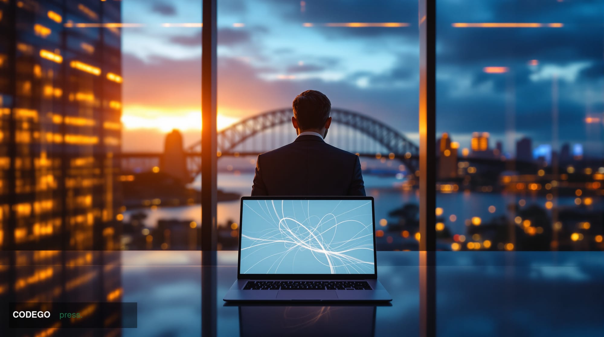 A cinematic editorial photograph set in Sydney, Australia, with the iconic Harbour Bridge and Opera House visible in the soft