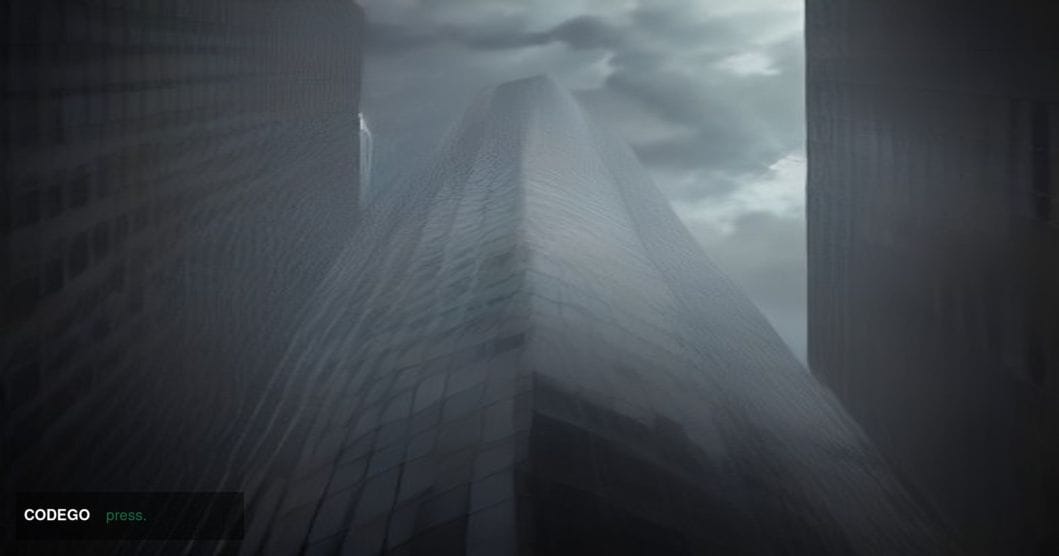 A cinematic editorial photograph taken from a low angle looking up at the glass-and-steel facade of a major financial institu