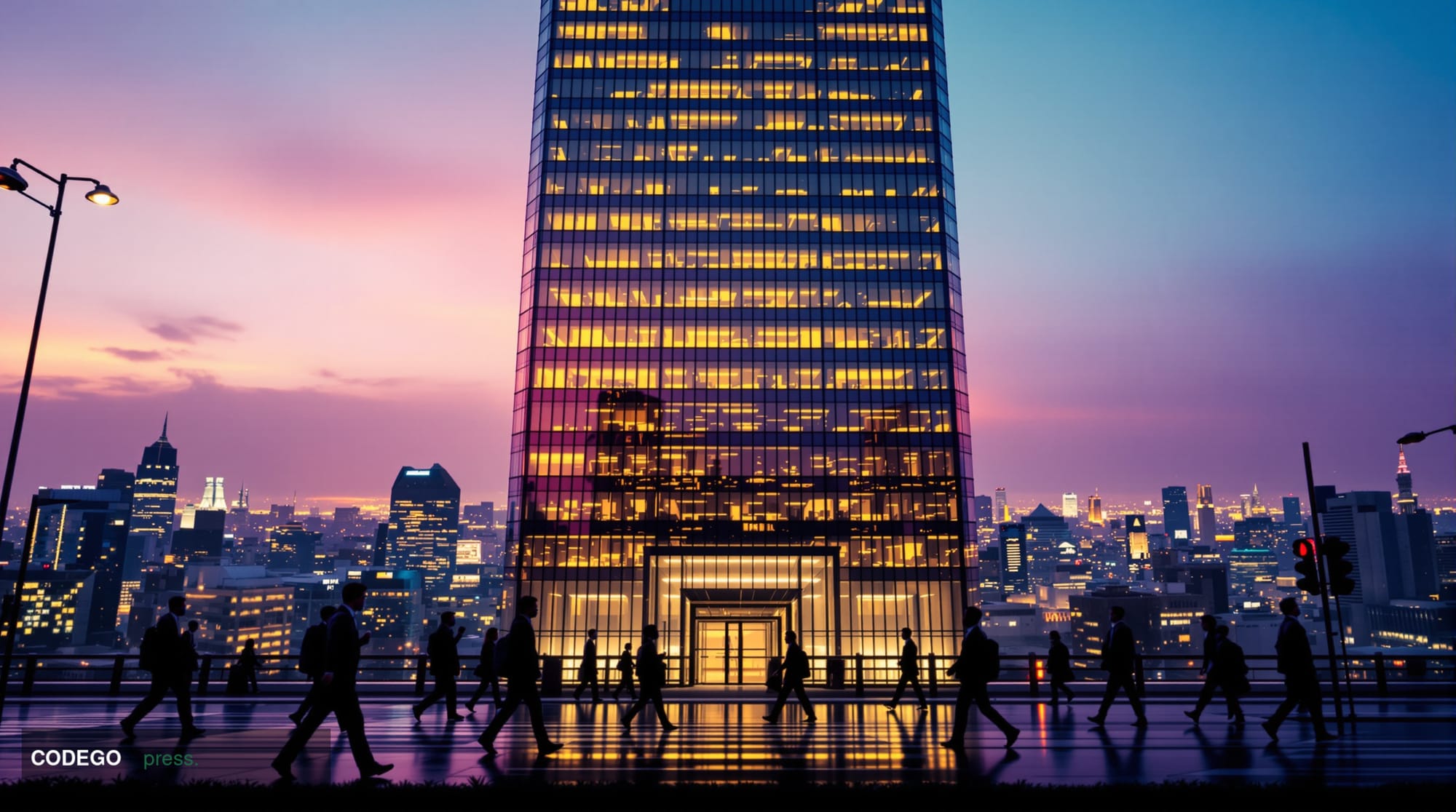 A dramatic cinematic editorial photograph taken at ground level looking upward along the glass-and-steel facade of a major To