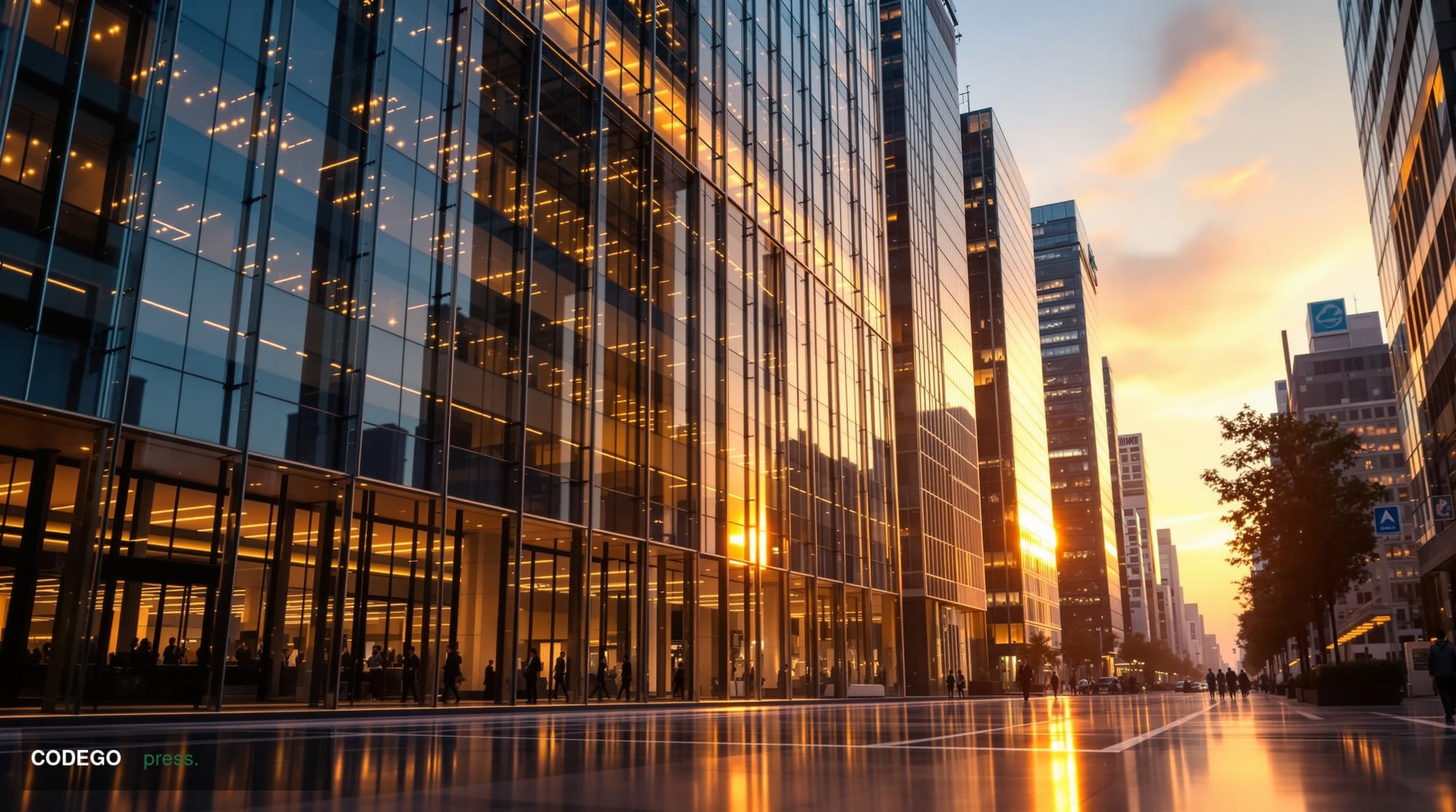 A cinematic editorial photograph of a modernist Tokyo financial district streetscape at dusk, shot from a low angle looking u