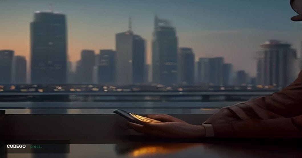A cinematic editorial photograph set at a bustling modern financial district in Mumbai, India, with the iconic skyline of Ban