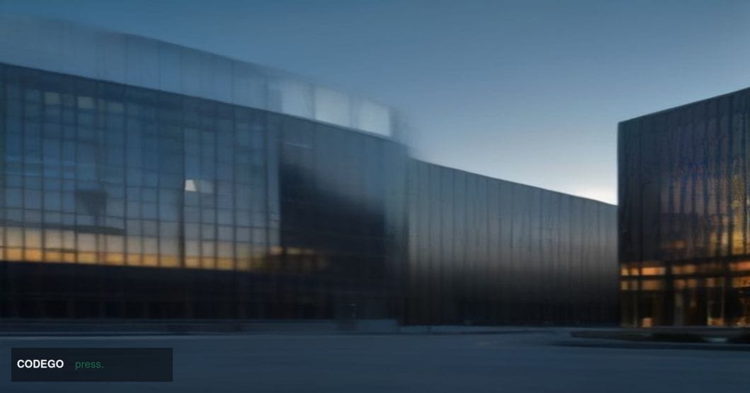 A cinematic editorial photograph taken from a low-angle wide shot looking up at a sleek, modern Silicon Valley corporate glas