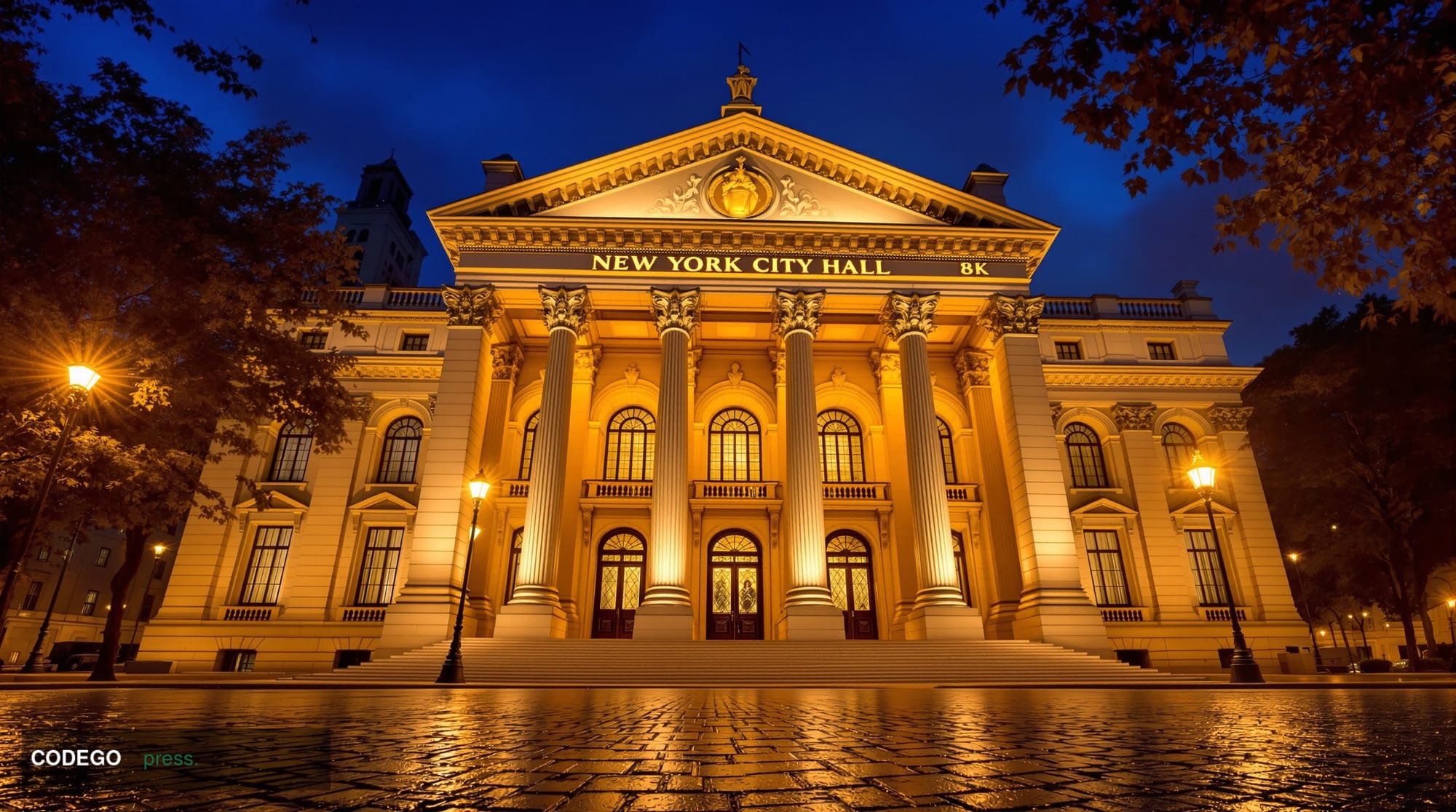 A dramatic wide-angle shot of New York City Hall's neoclassical stone facade photographed from a low angle at dusk, the pale 