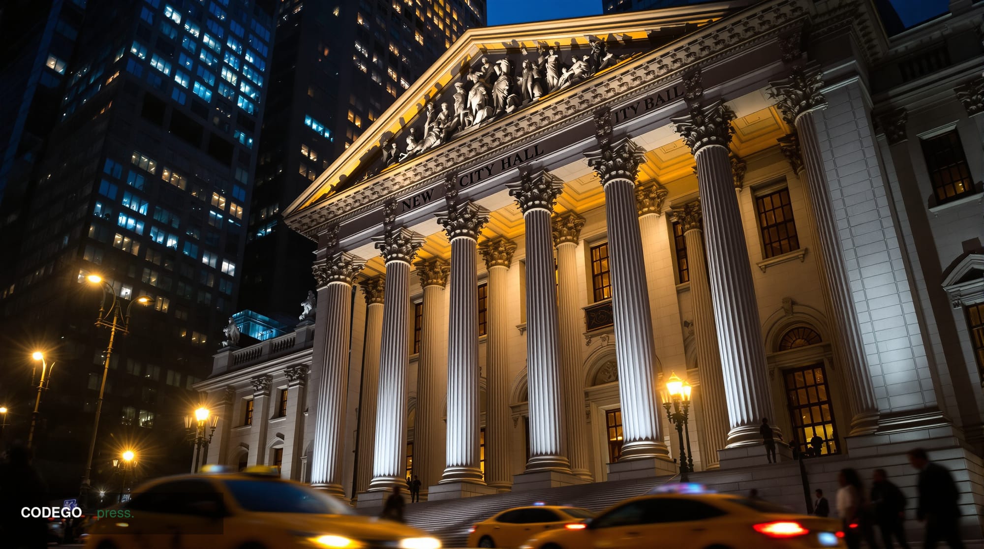 A wide-angle cinematic editorial photograph of New York City Hall's iconic neoclassical facade at dusk, shot from a low angle