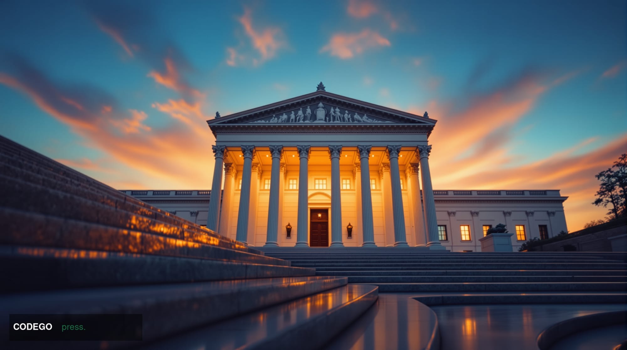 A sweeping low-angle exterior shot of a neoclassical federal banking institution building in Washington D.C., photographed at