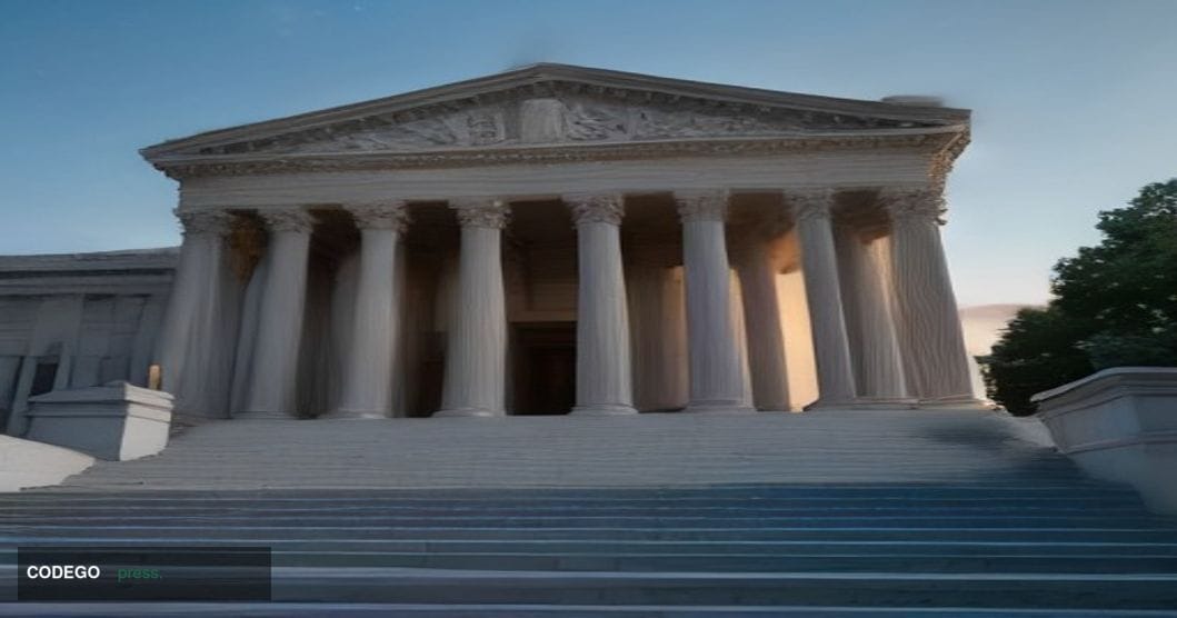 A dramatic wide-angle exterior shot of a neoclassical federal regulatory building in Washington D.C. at dusk, with imposing m