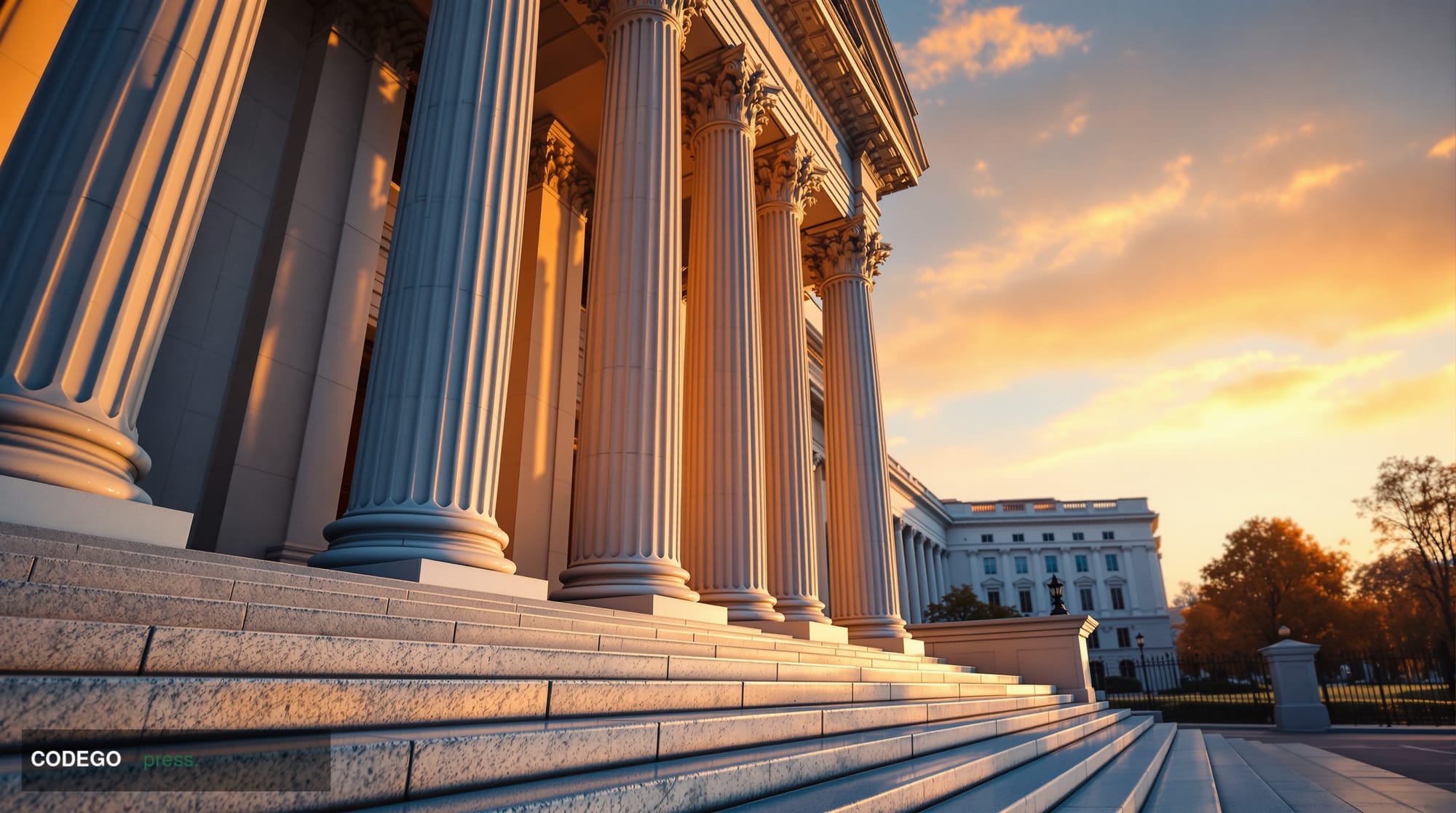 A wide-angle cinematic shot of the exterior of a grand neoclassical federal government building in Washington D.C., likely re