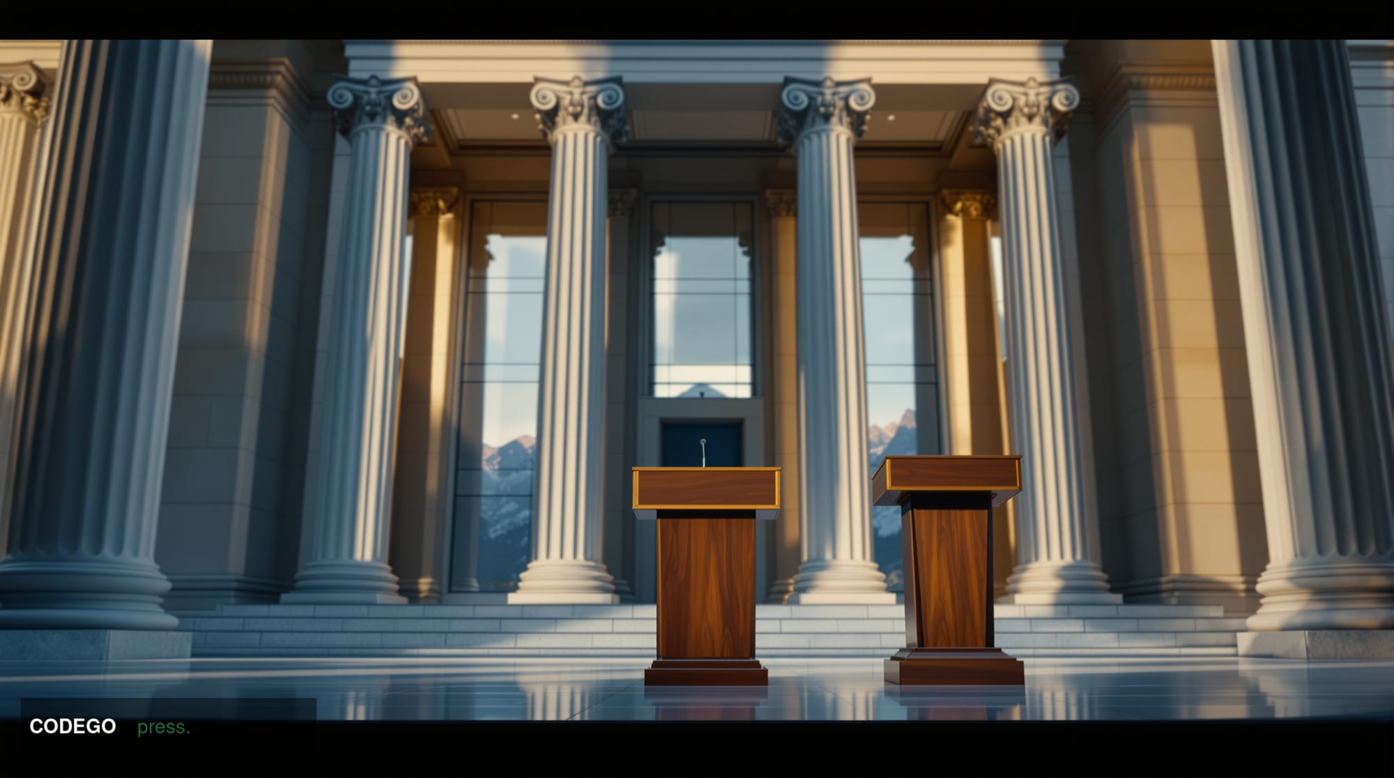 A cinematic editorial photograph taken from a low angle looking up at a grand neoclassical federal building exterior in Washi