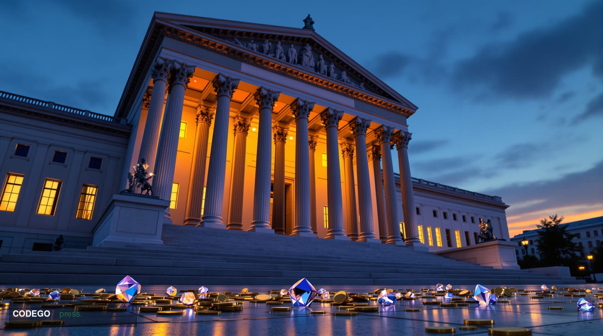 A grand neoclassical federal banking regulator building photographed at dusk from a low-angle perspective, its imposing stone
