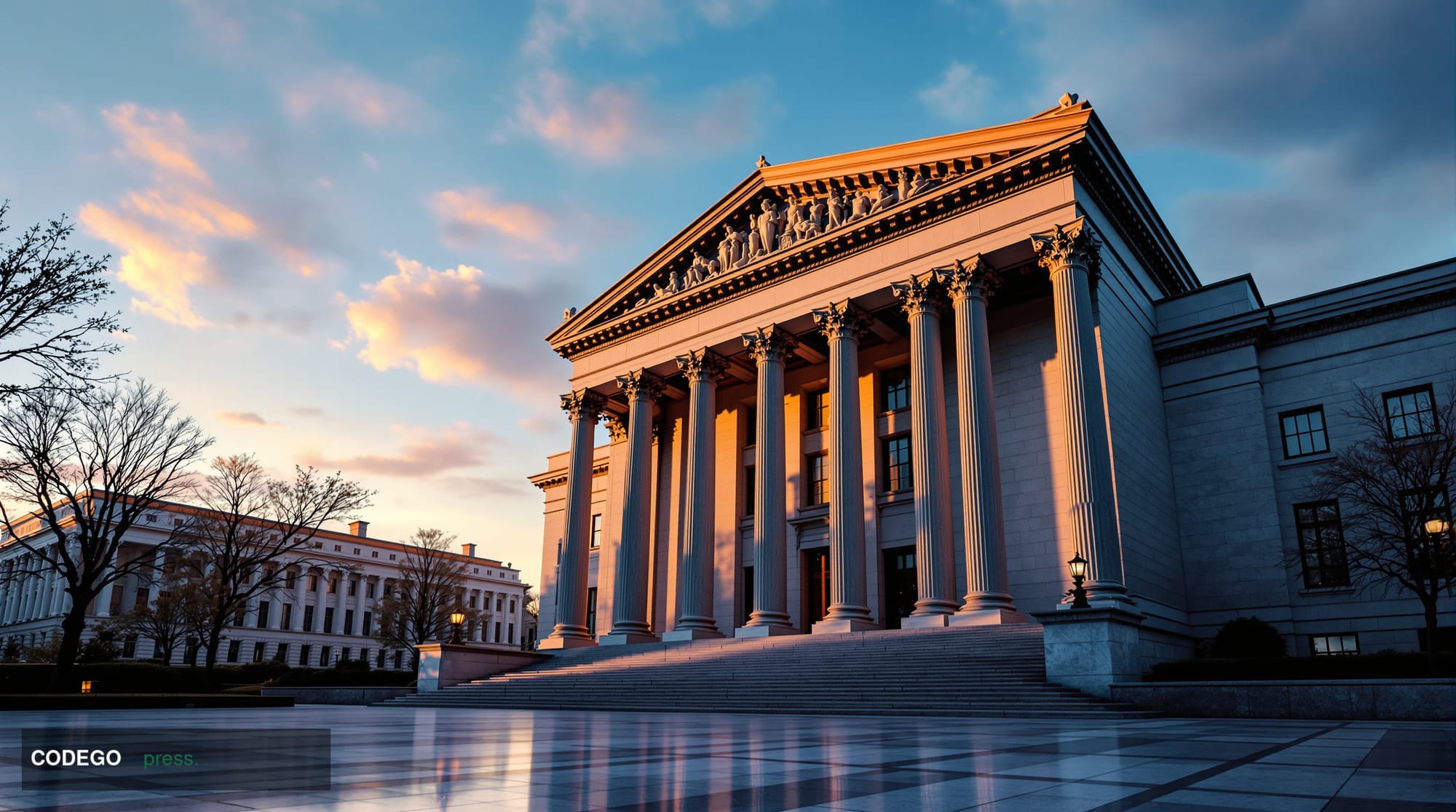 A photorealistic editorial photograph depicting the neoclassical stone facade of a federal regulatory building in Washington 