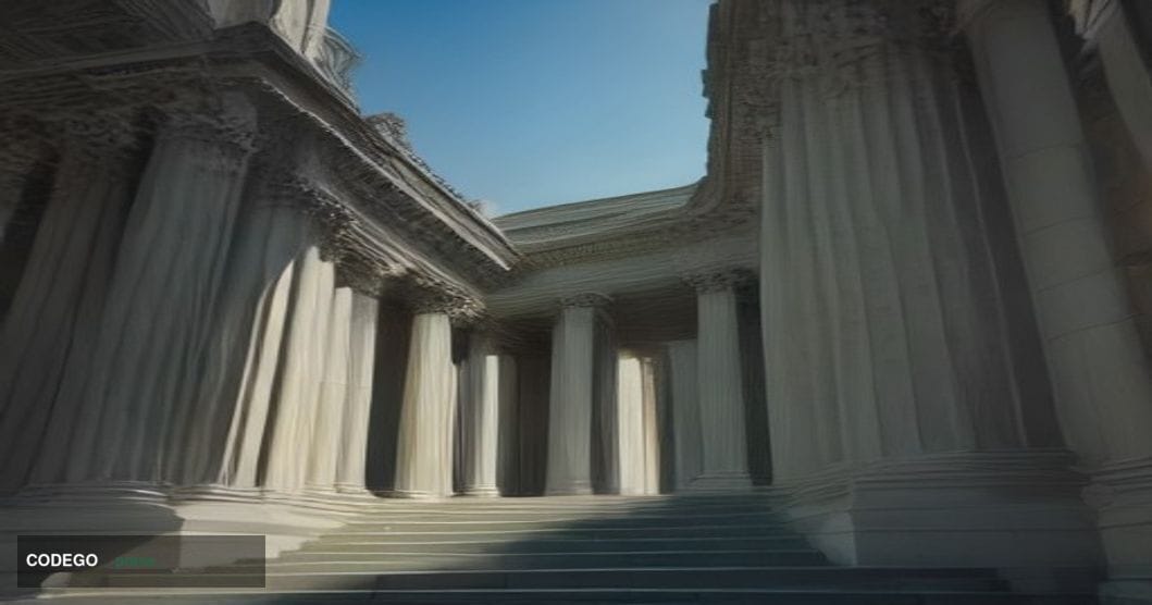 A wide-angle photorealistic editorial photograph shot from a low angle looking up at the imposing neoclassical stone facade o