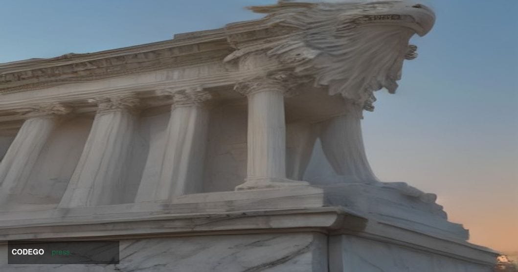 A grand neoclassical federal banking regulatory building exterior at dusk in Washington D.C., photographed from a low-angle w