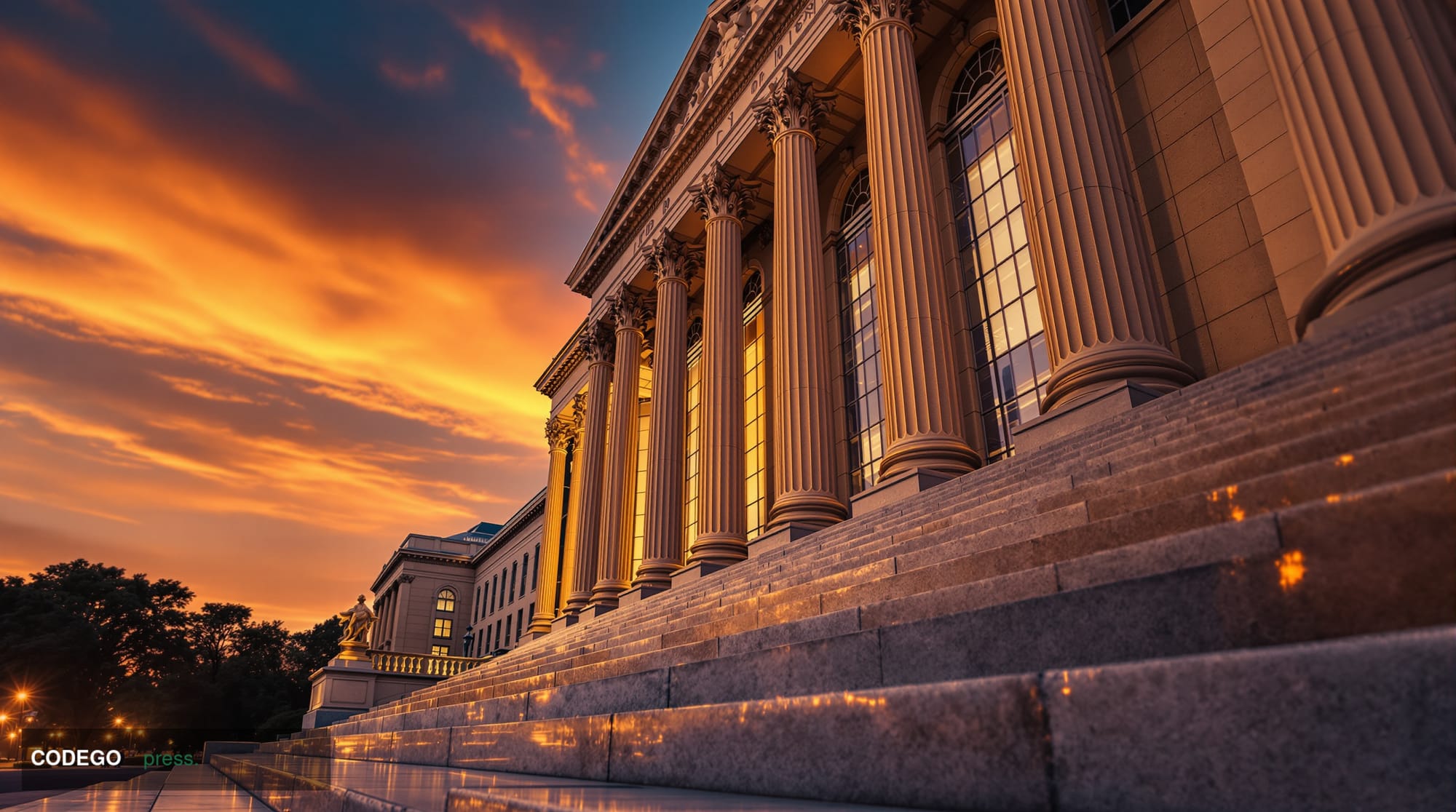 A grand neoclassical federal government building in Washington D.C. photographed at dusk from a low-angle perspective, with i