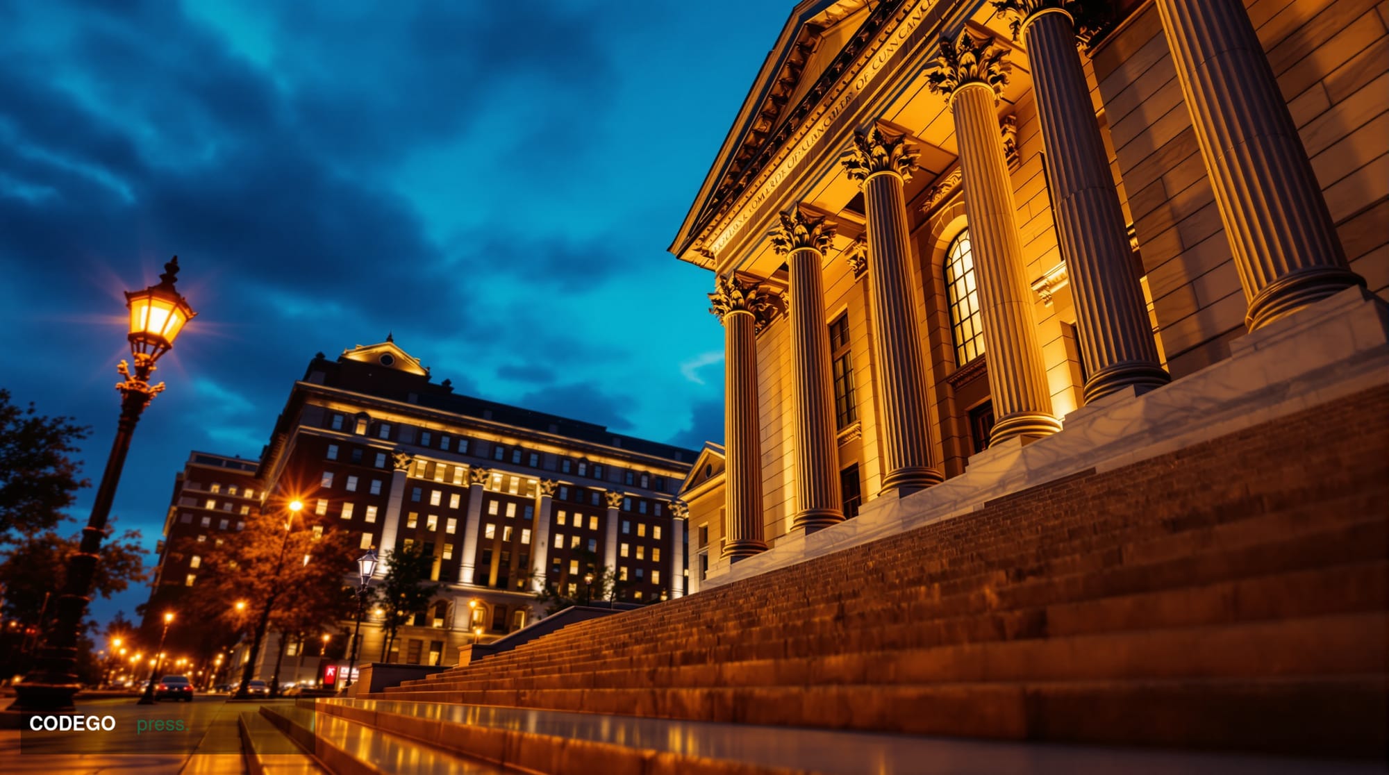 A dramatic low-angle exterior shot of the neoclassical Office of the Comptroller of the Currency headquarters building in Was