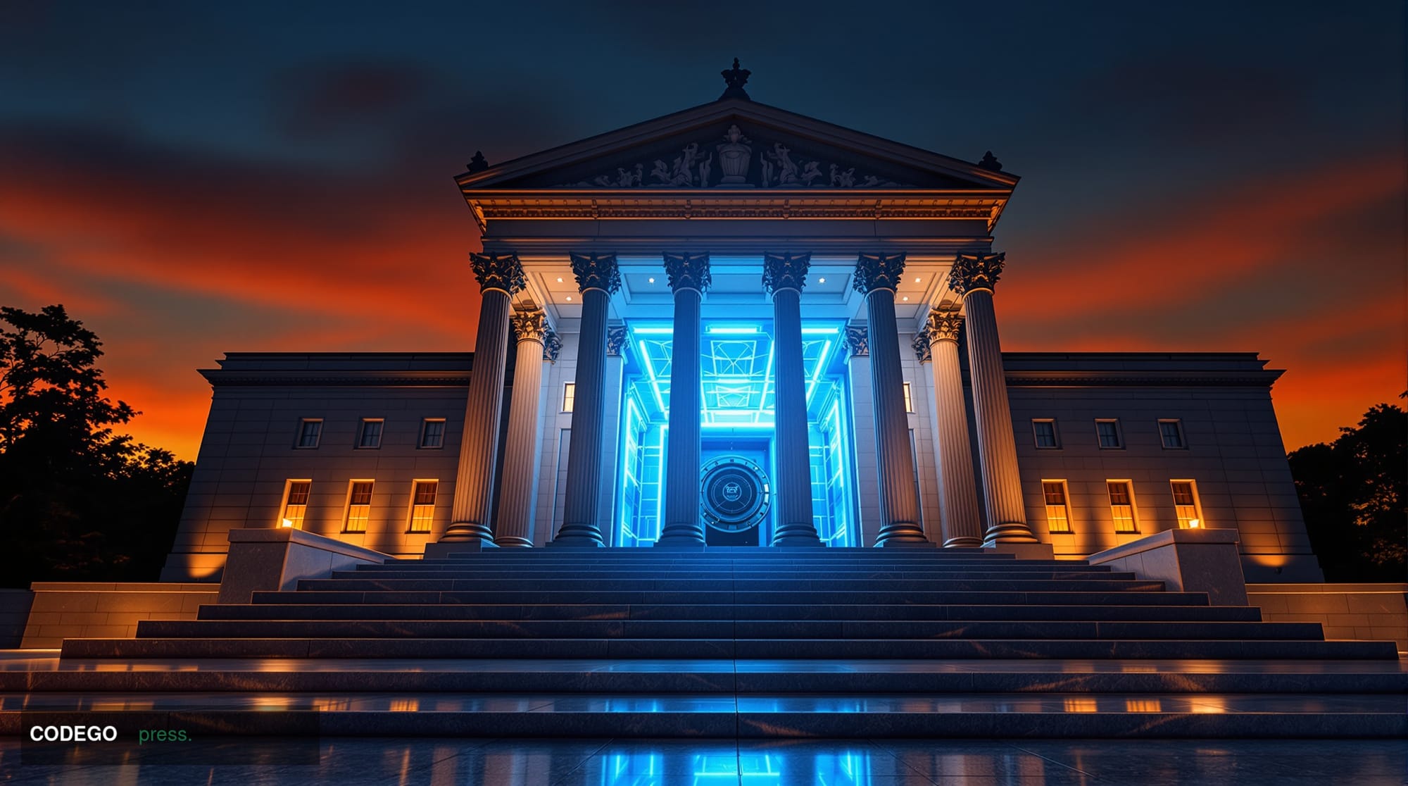 A dramatic wide-angle exterior shot of a neoclassical American federal banking institution at dusk, its grand stone columns c