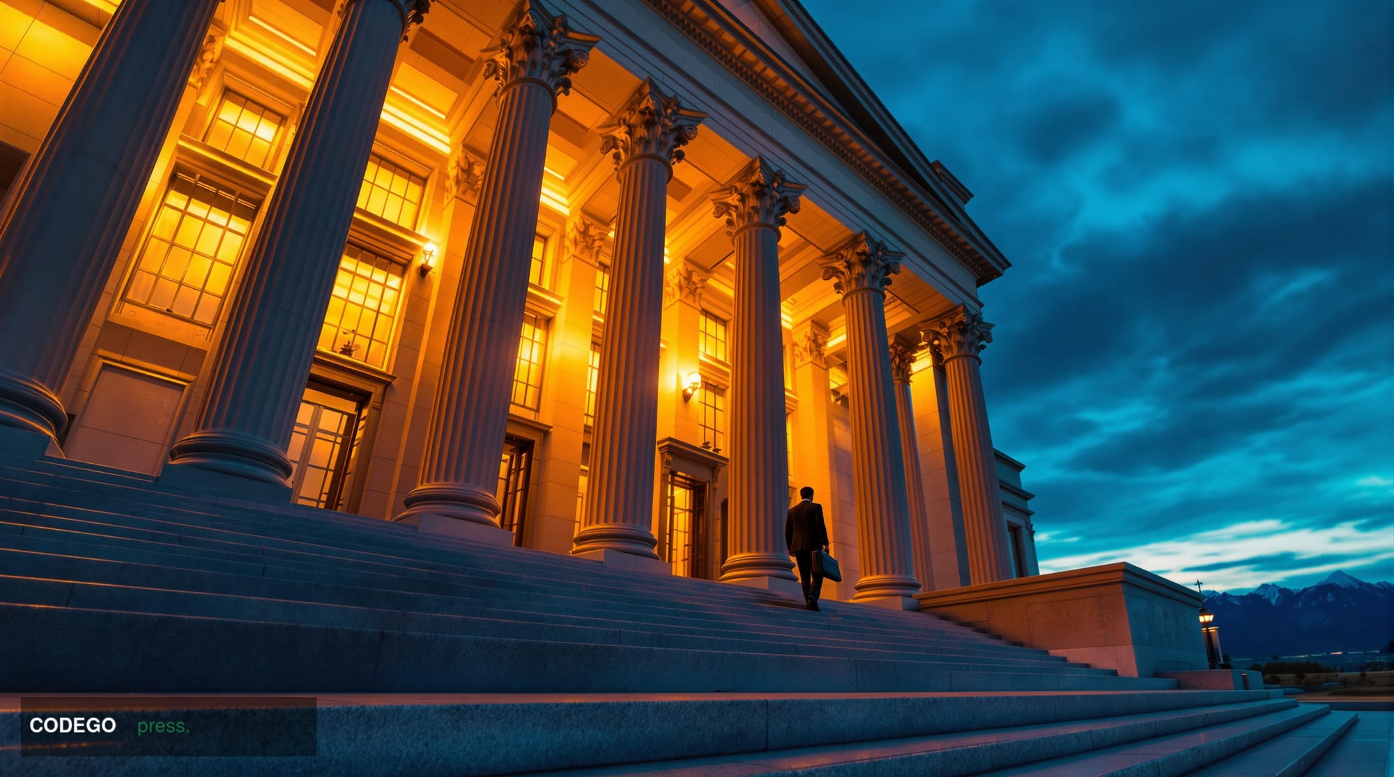 A wide-angle cinematic shot of a grand neoclassical federal building exterior at dusk, its stone columns and marble facade ba
