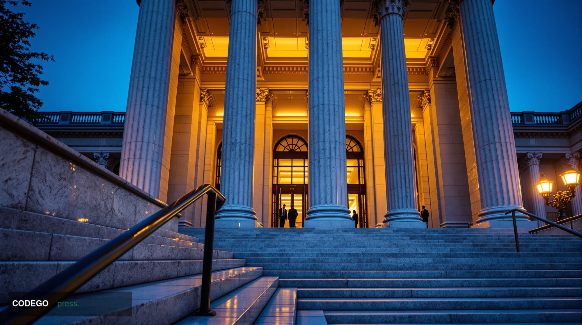 A dramatic wide-angle shot of the neoclassical stone exterior of a federal regulatory building in Washington D.C., photograph