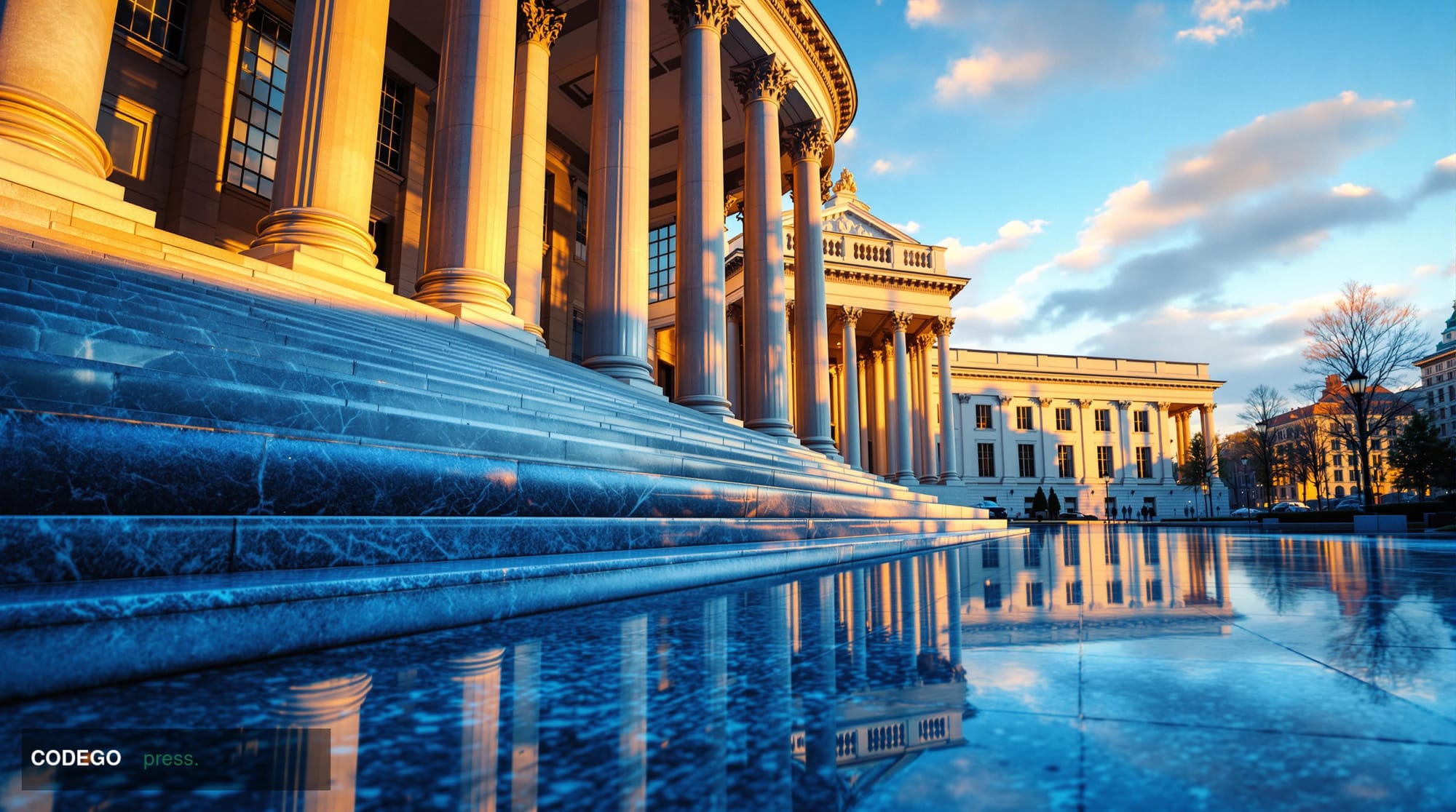 A dramatic wide-angle shot of a monumental neoclassical federal building in Washington D.C., its marble columns and stone faç