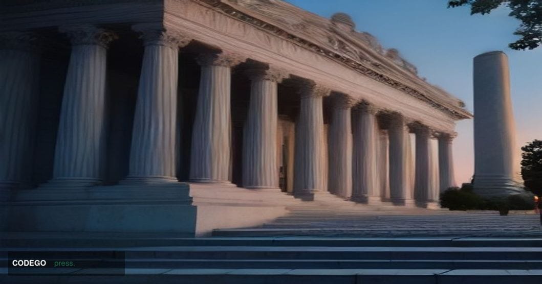 A grand neoclassical federal building in Washington D.C., shot from a low angle at dusk, with warm amber light raking across 