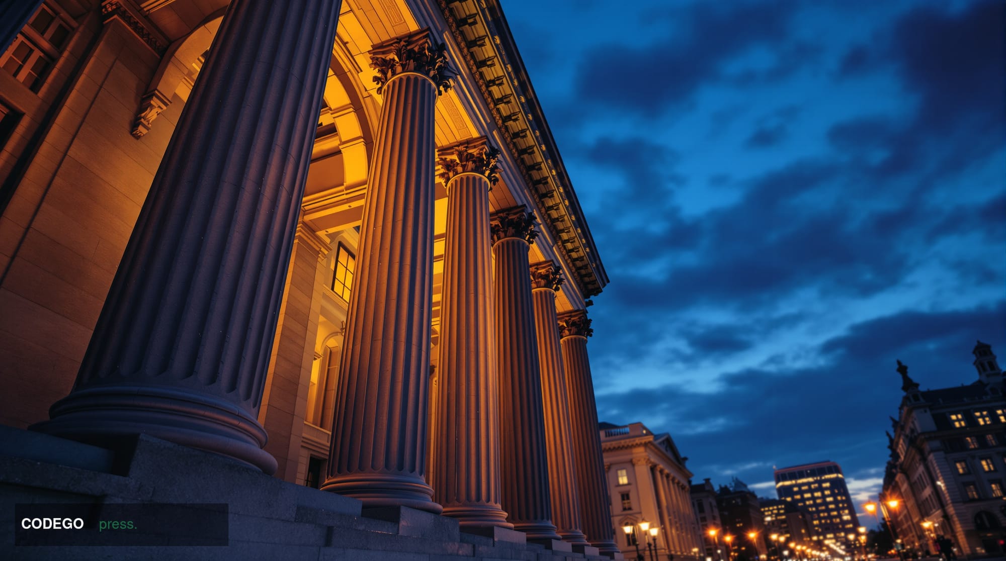 A grand neoclassical federal government building exterior in Washington D.C., photographed from a low-angle perspective at du