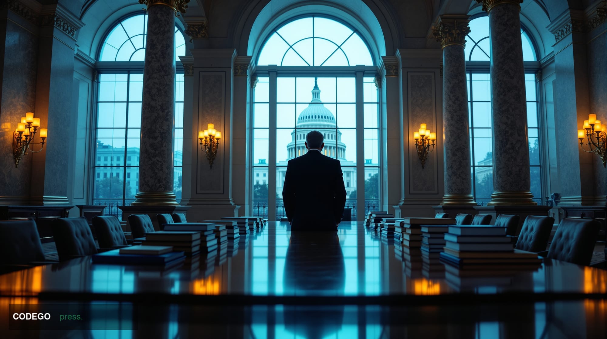 A cinematic editorial photograph set inside a grand neoclassical federal banking regulatory office in Washington D.C., with t