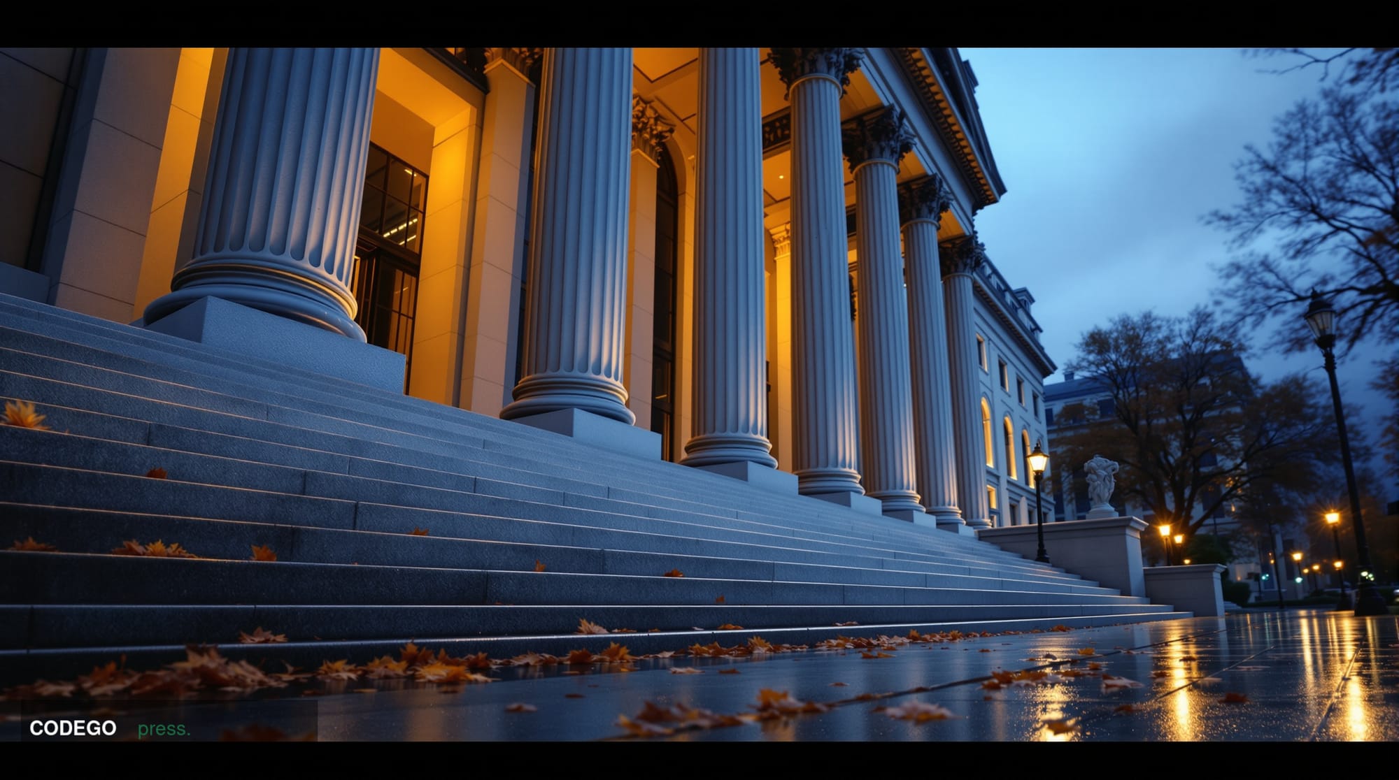 A dramatic cinematic editorial photograph depicting a grand neoclassical federal banking institution facade in Washington D.C
