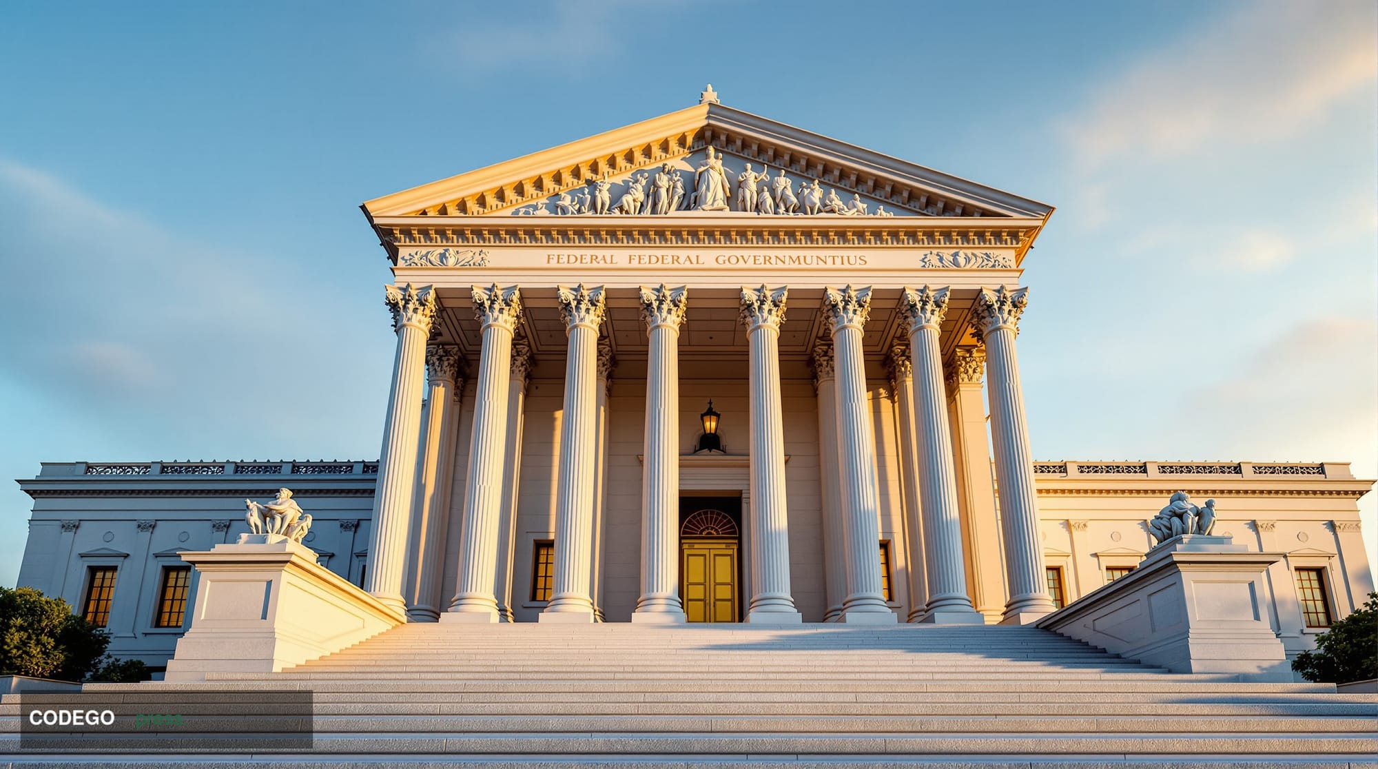 A dramatic wide-angle shot of a grand neoclassical federal government building facade in Washington D.C., captured at dawn wi