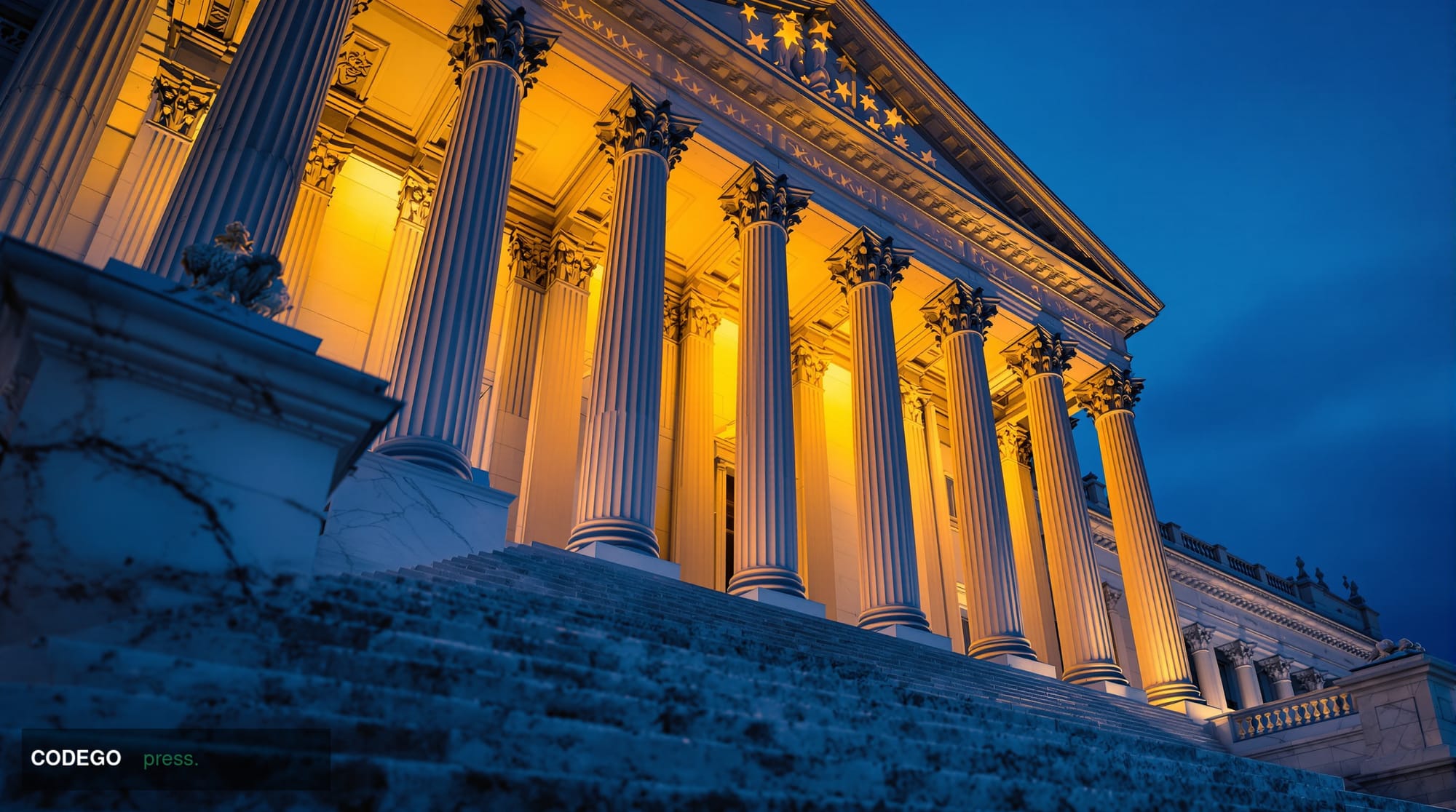 A formal, cinematic editorial photograph of the exterior of a grand neoclassical federal regulatory building in Washington D.