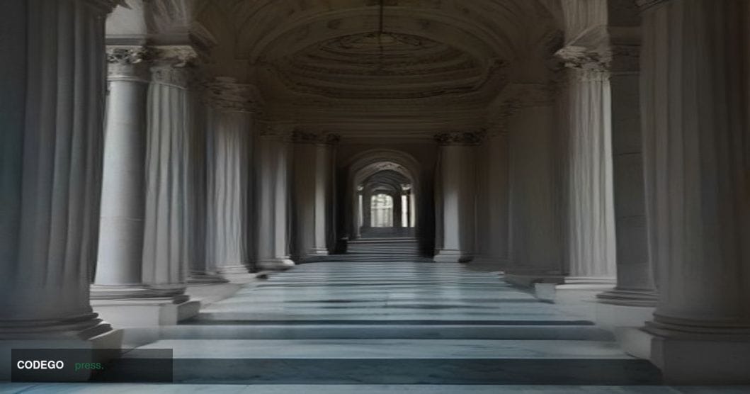 A monumental neoclassical federal government building in Washington D.C. photographed at dusk from a low angle, with dramatic