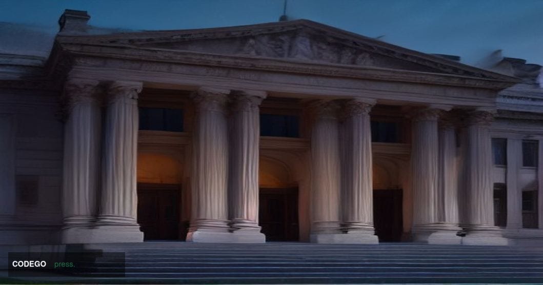 A monumental neoclassical federal building facade — echoing Washington D.C.'s financial regulatory district architecture — ph