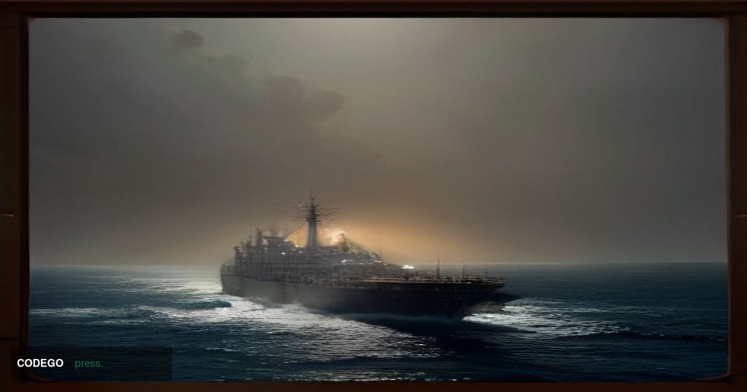 A cinematic editorial photograph of a large commercial oil tanker navigating through the narrow, haze-shrouded Strait of Horm