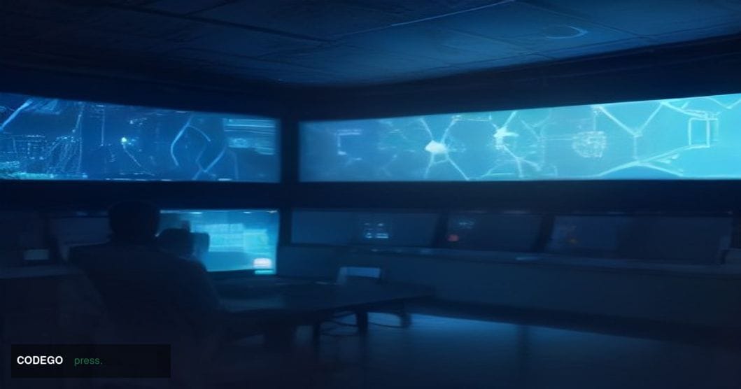 A cinematic editorial photograph of a modern corporate security operations center at night, with large curved monitors displa