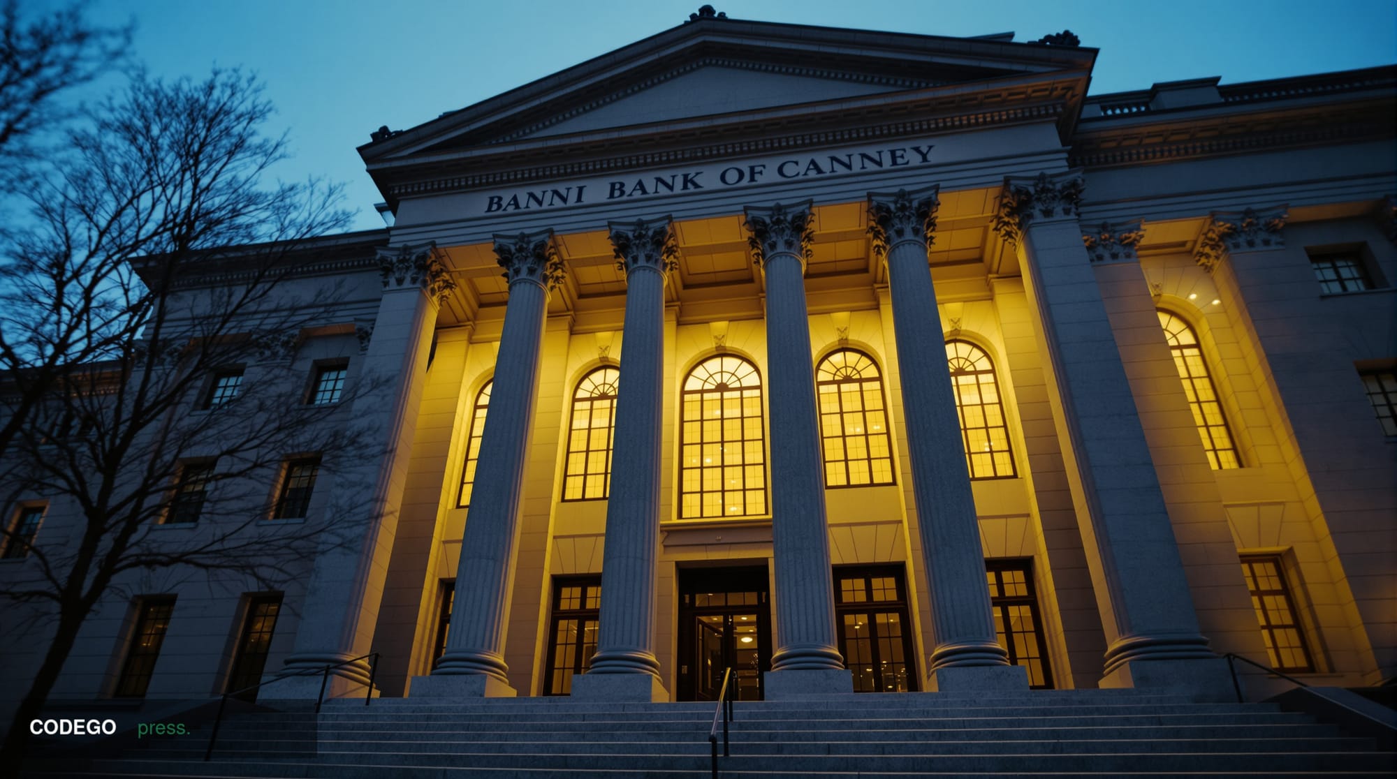 A weathered neoclassical bank building facade photographed at twilight from a low-angle wide shot, the stone columns casting 