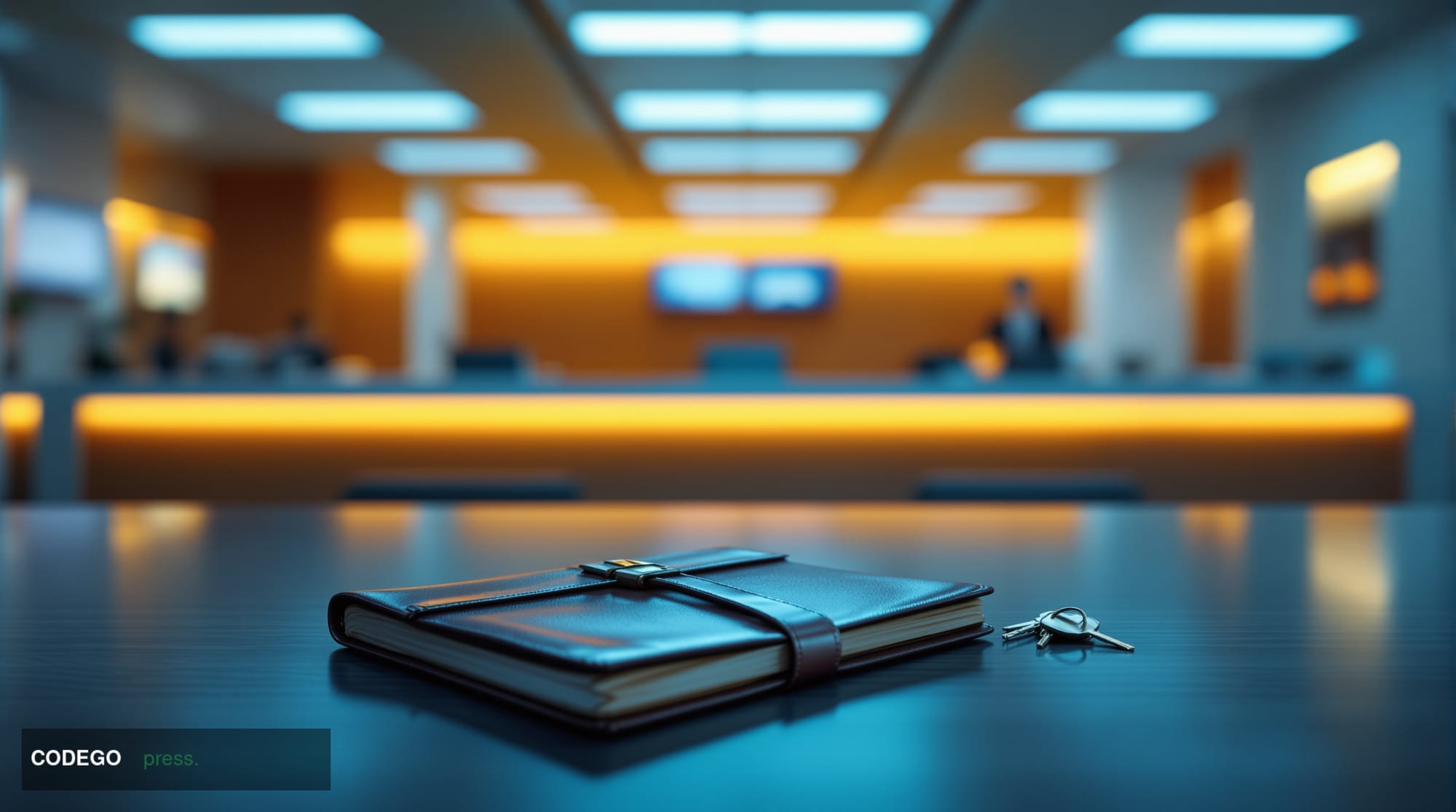 A photorealistic editorial photograph shot at eye level inside a minimalist modern bank branch, empty of customers, with a lo