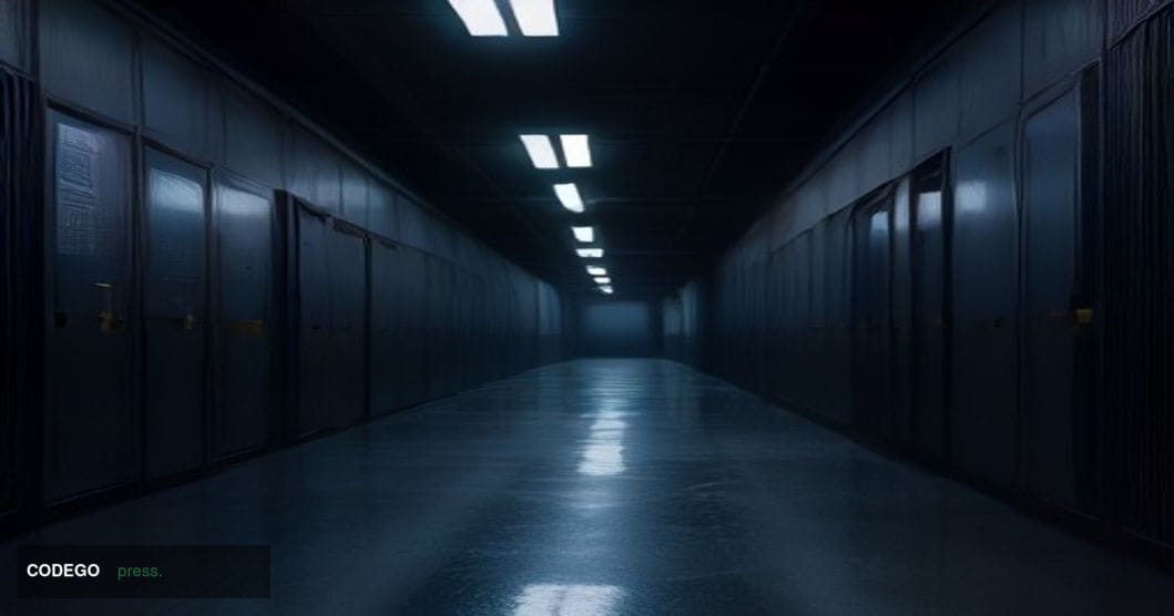 A dramatic cinematic editorial photograph set inside a vast, dimly lit data center corridor with towering black server racks 