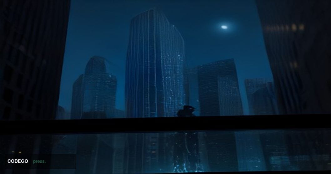 A cinematic editorial photograph shot from a low angle looking up at a sleek modern glass-and-steel office tower representing
