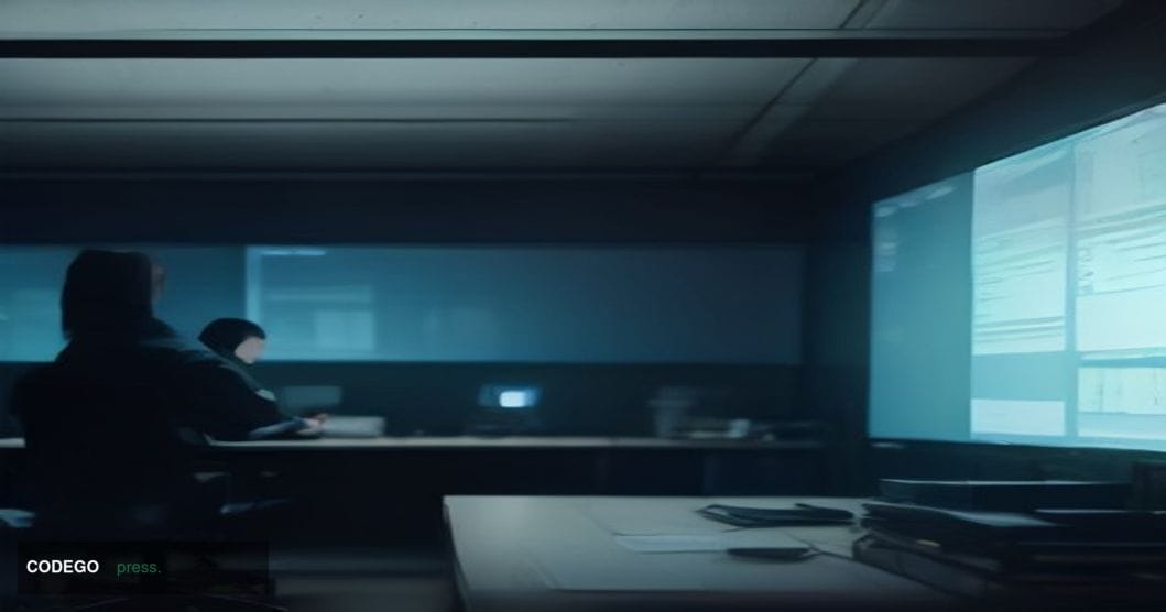 A dimly lit, cinematic editorial scene set inside a sprawling blockchain analytics operations center, photographed from a low