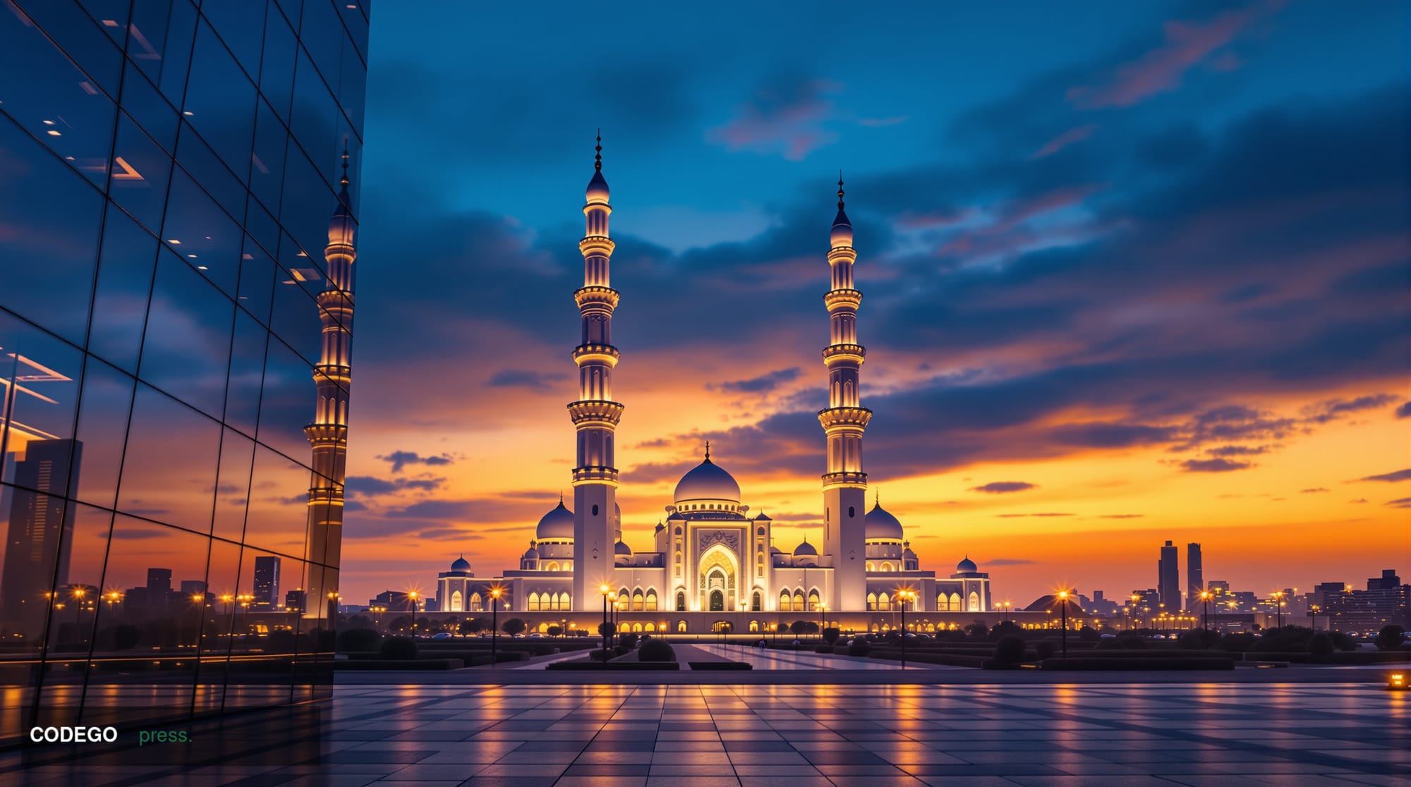 A photorealistic editorial photograph of the Islamabad skyline at dusk, featuring the iconic Faisal Mosque's white marble min