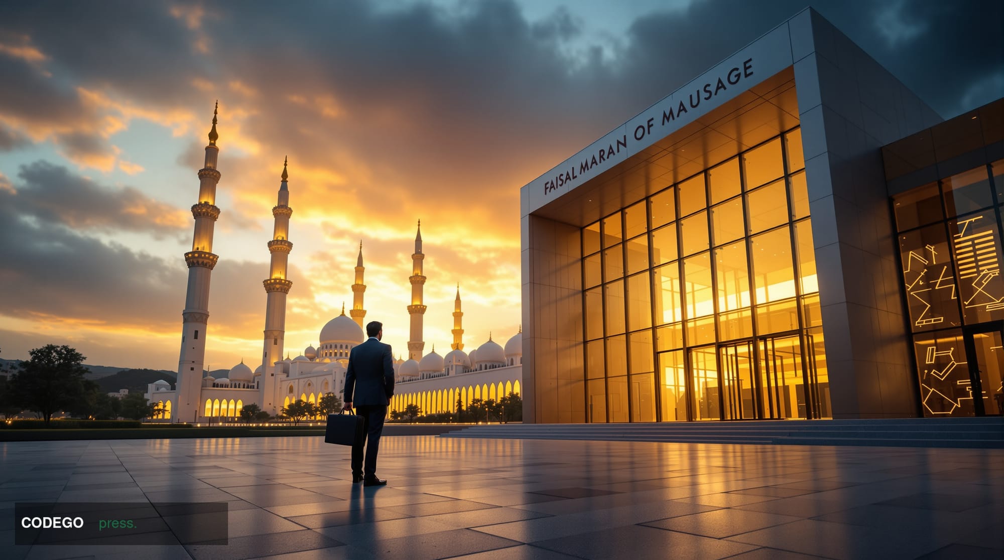 A photorealistic cinematic editorial photograph set in Islamabad, Pakistan, with the iconic Faisal Mosque's white marble mina