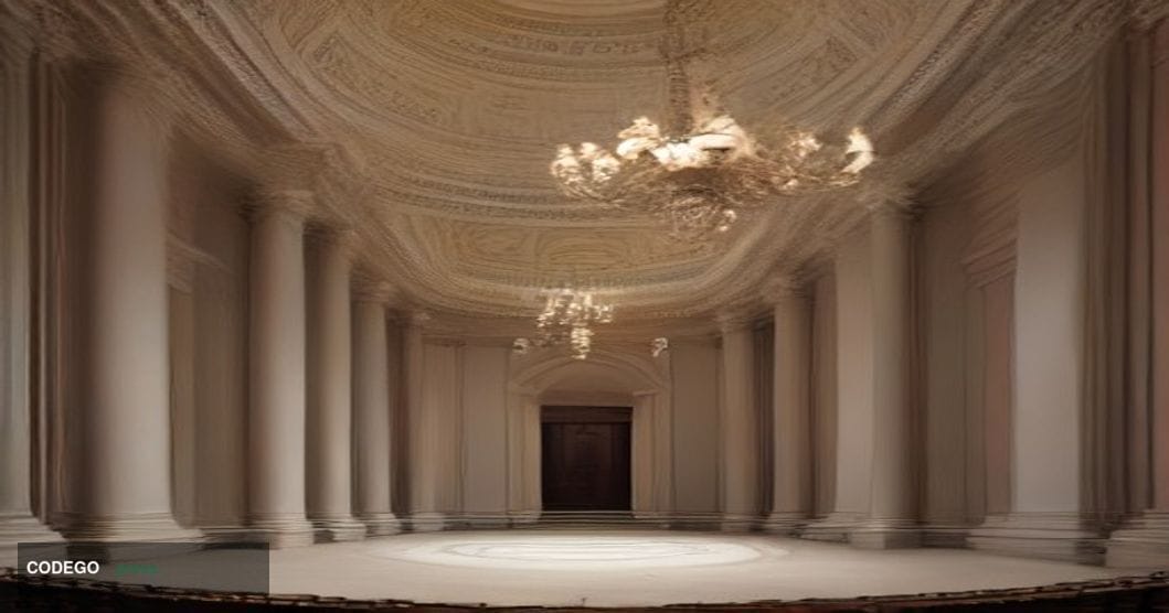 A cinematic editorial photograph set inside a grand Roman neoclassical conference hall in Rome, Italy, modeled on the style o