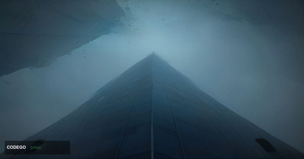 A dramatic cinematic editorial photograph shot at a low angle looking up at PayPal's corporate headquarters building in San J