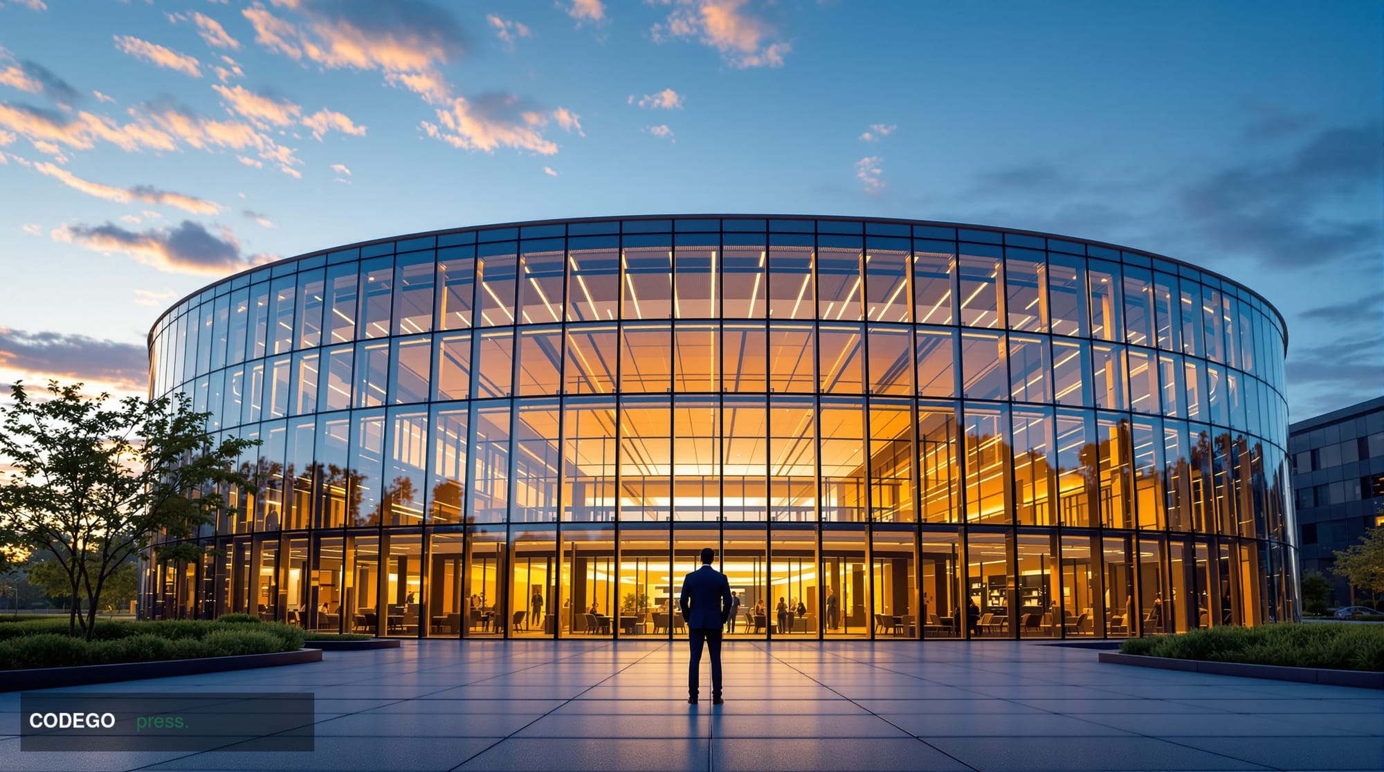 A cinematic editorial photograph set in a sleek, modern financial technology campus in San Jose, California — wide-angle shot