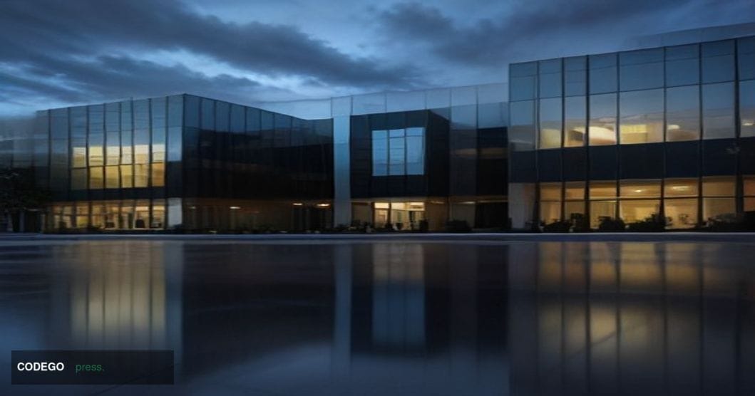A dramatic wide-angle exterior shot of PayPal's San Jose, California headquarters campus at dusk, the sleek modern glass-and-