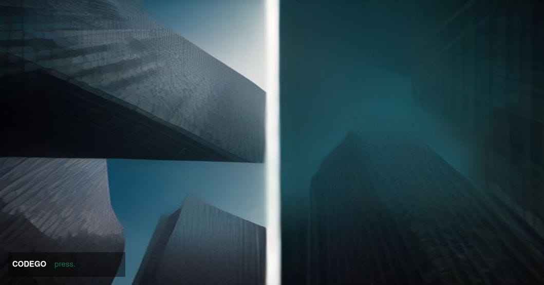 A dramatic editorial split-triptych scene set inside a modern financial district, photographed from a low-angle wide shot loo